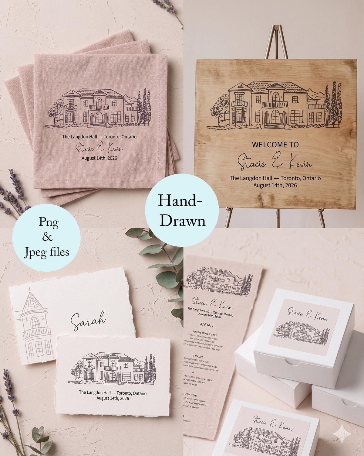 Wedding venue illustration used on napkins, a wooden welcome sign, place cards and a menu Image principale du produit