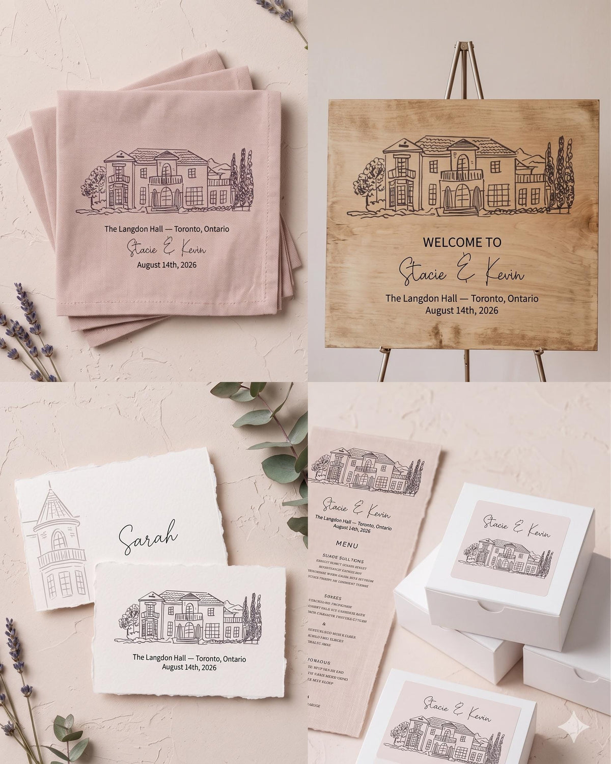 Custom venue drawing shown on pink wedding stationery: napkin, welcome sign, place card, menu and favour box