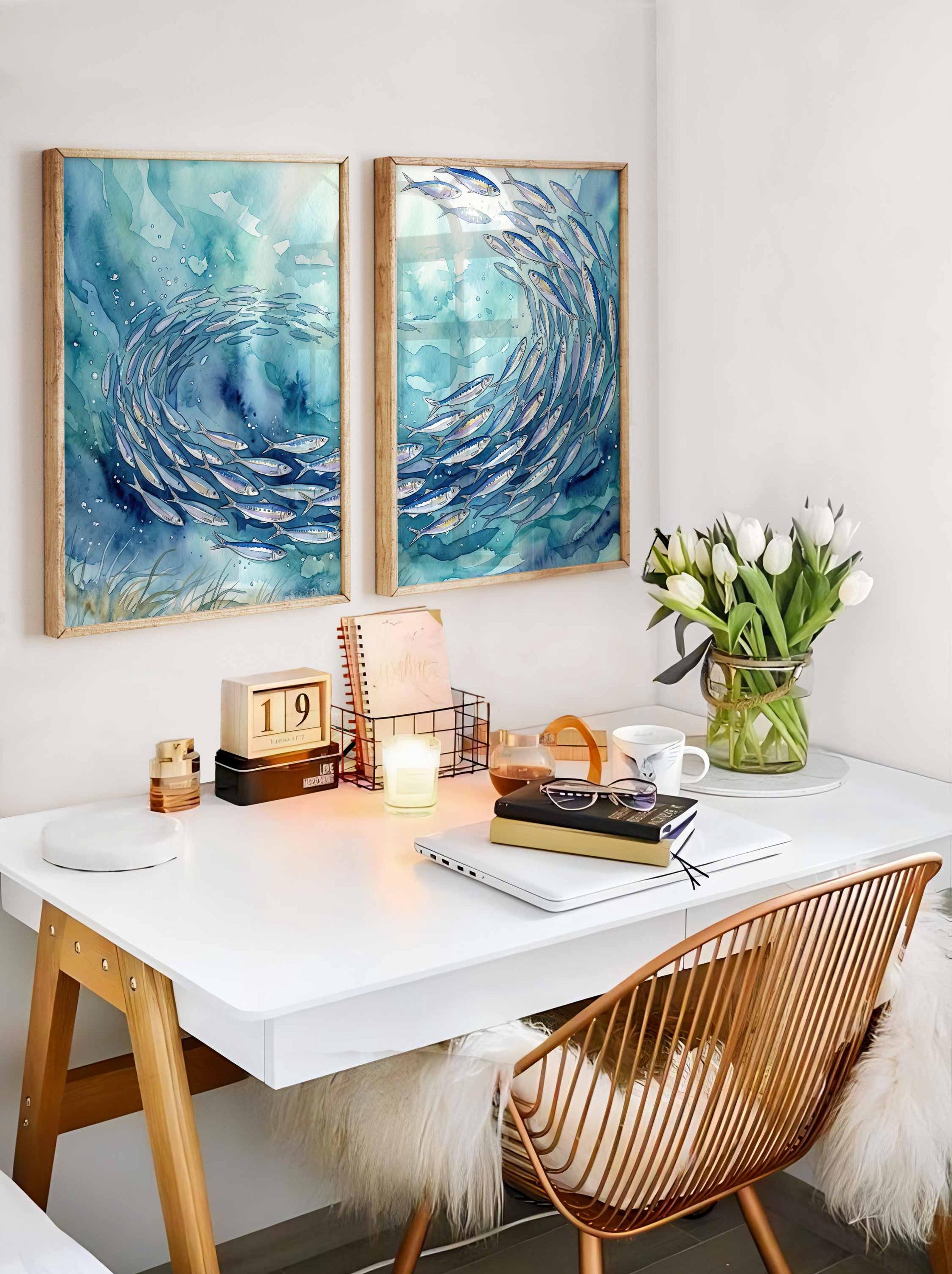 Tableau de sardines, décoration de maison de bord de mer, impressions méditerranéennes, affiche d'art de poisson, art pour salle à manger, salle de bain bleue, poster fruits de mer Image secondaire du produit
