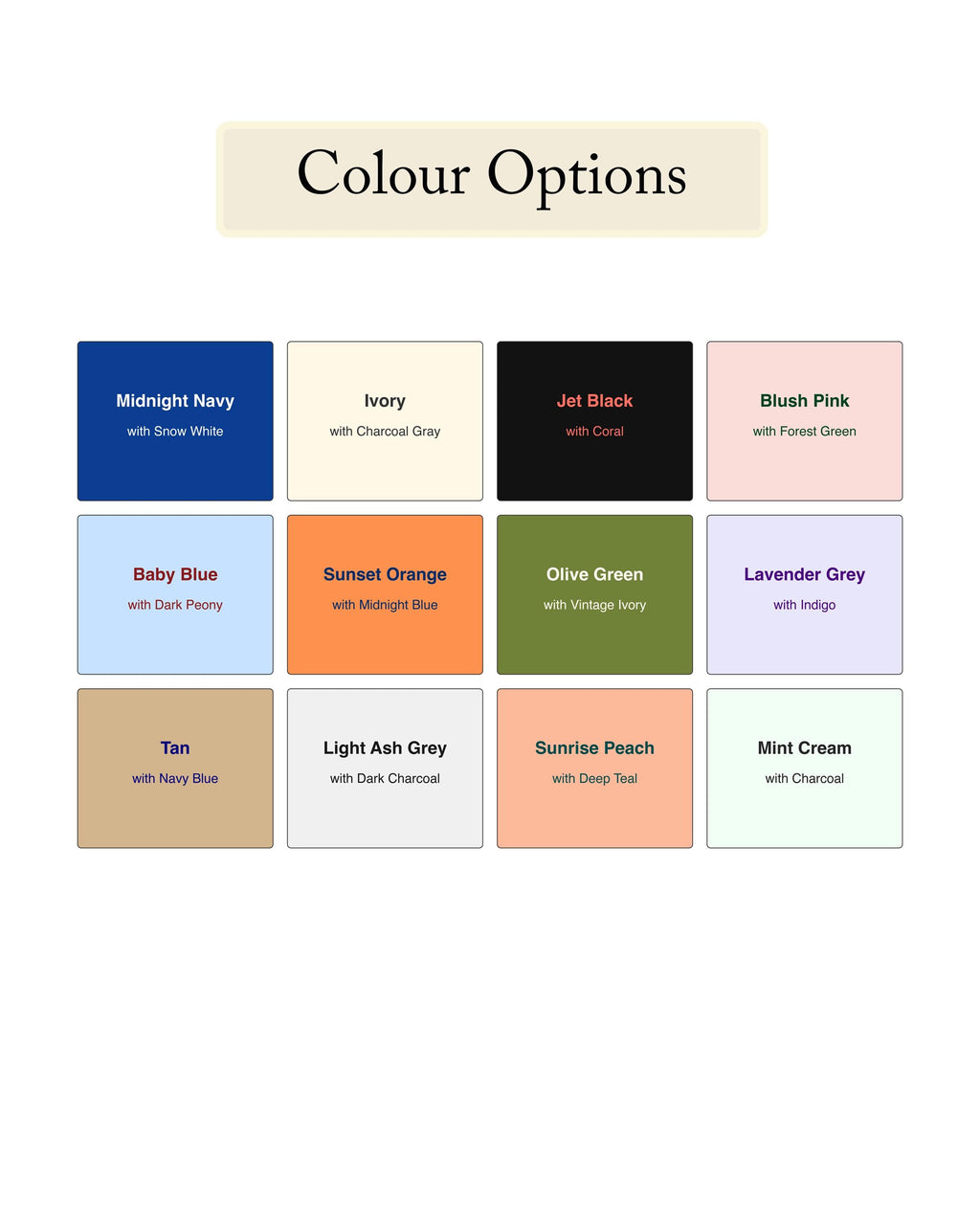 Colour options chart for the lyric print: twelve swatches including midnight navy, blush pink and olive green