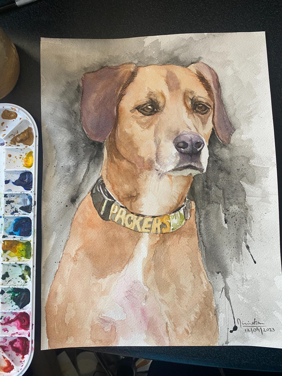 Custom pet portrait in watercolour of a brown dog wearing a Packers collar, beside a paint palette Imagen principal del producto