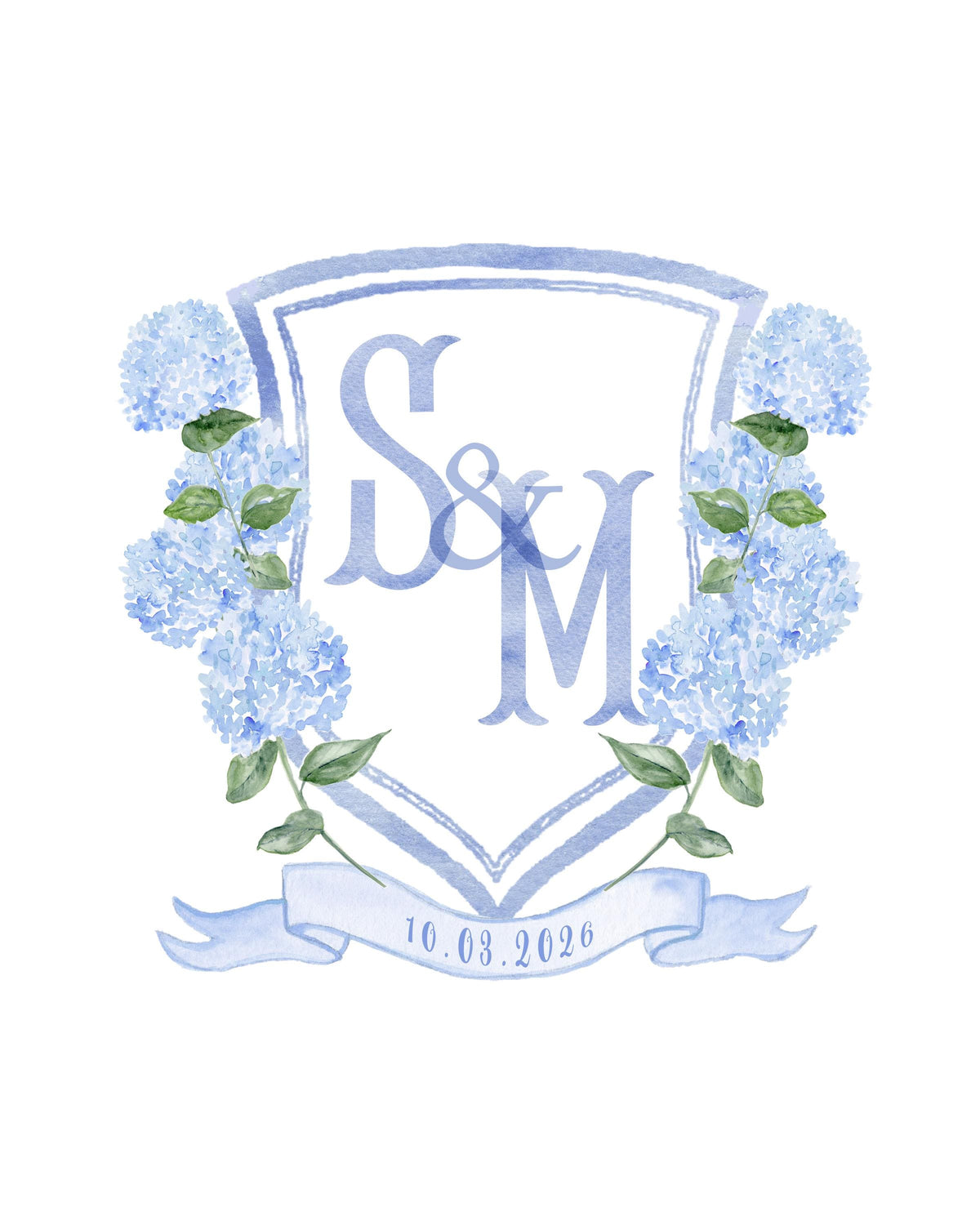 Custom wedding crest in blue watercolour: S & M monogram framed by blue hydrangeas with the wedding date Imagen principal del producto