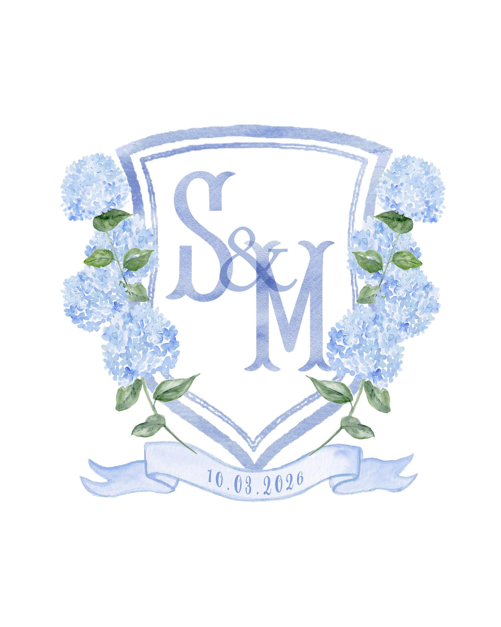 Custom wedding crest in blue watercolour: S & M monogram framed by blue hydrangeas with the wedding date