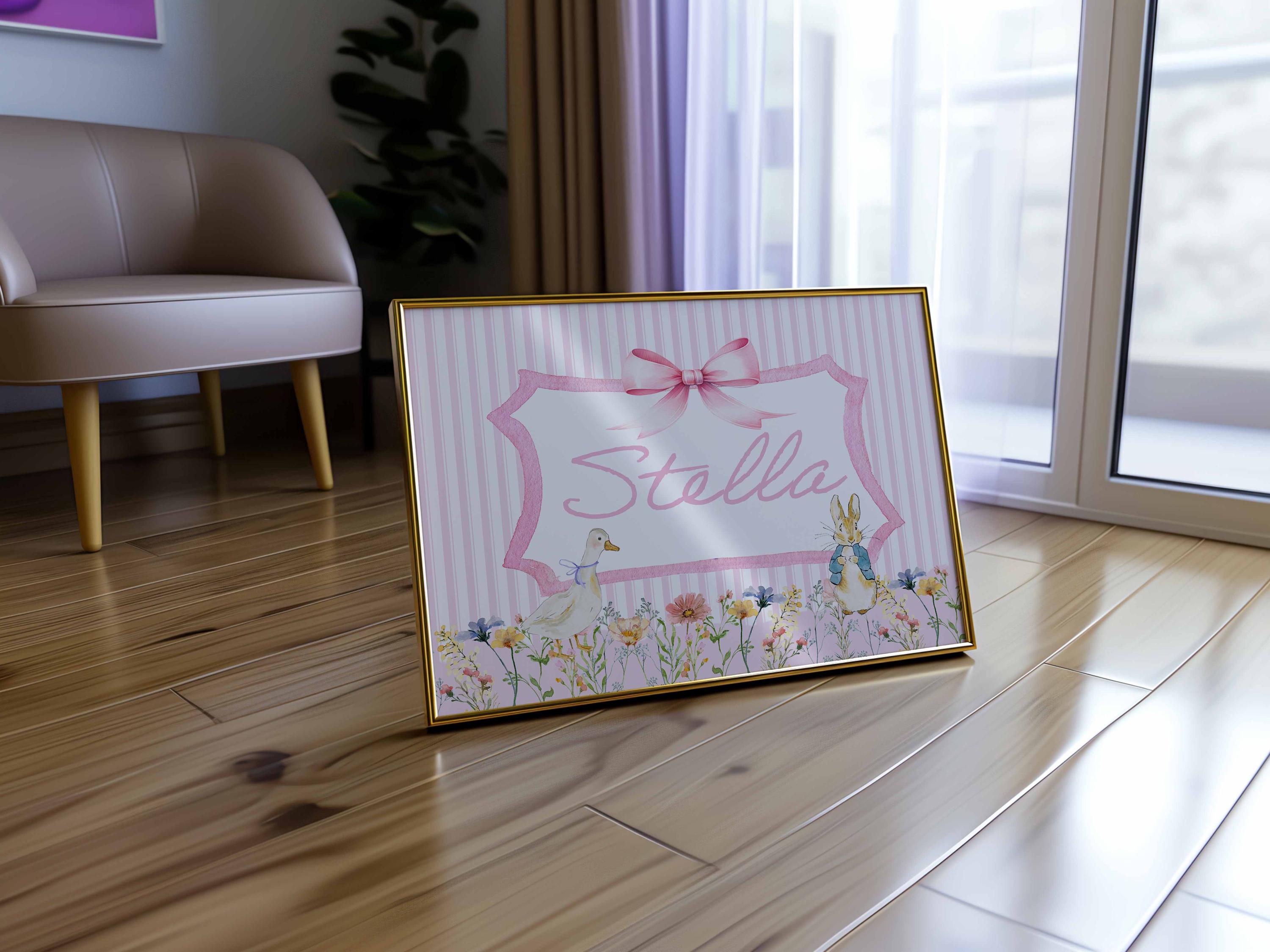 Lámina con nombre estilo Cottagecore, láminas para habitación infantil en color rubor, decoración de cuarto de bebé con gansos y conejos, arte con nombre personalizado, descarga digital estilo Grandmillennial para niños Imagen secundaria del producto