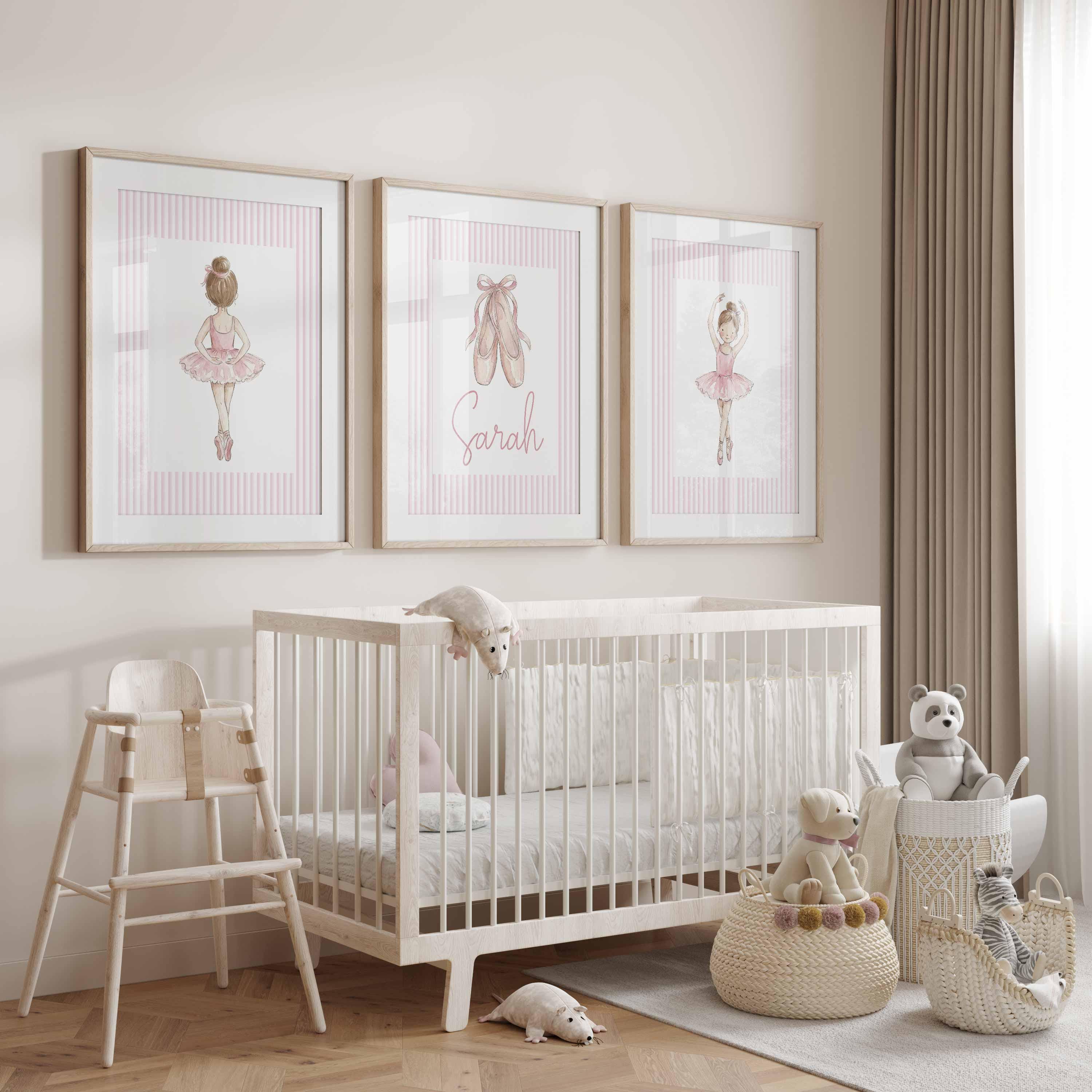 Nombre personalizado para habitación de niña, arte de pared de bailarina, set de 3 láminas, decoración personalizada para cuarto de bebé, póster con nombre en color rubor, descarga digital Imagen secundaria del producto