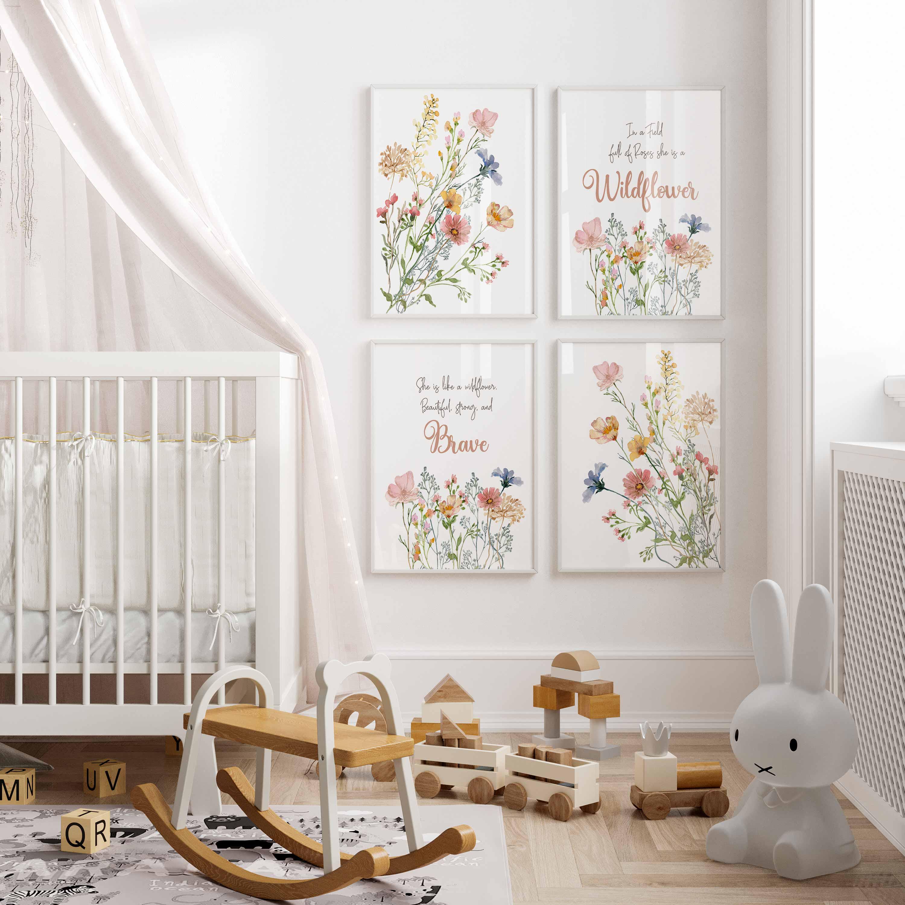 Ensemble de 4 affiches « Wildflowers » pour chambre d'enfant, décoration murale « She is Like a Wildflower », citations florales inspirantes, art de prairie bohème, cadeau de naissance pour petite fille Image secondaire du produit