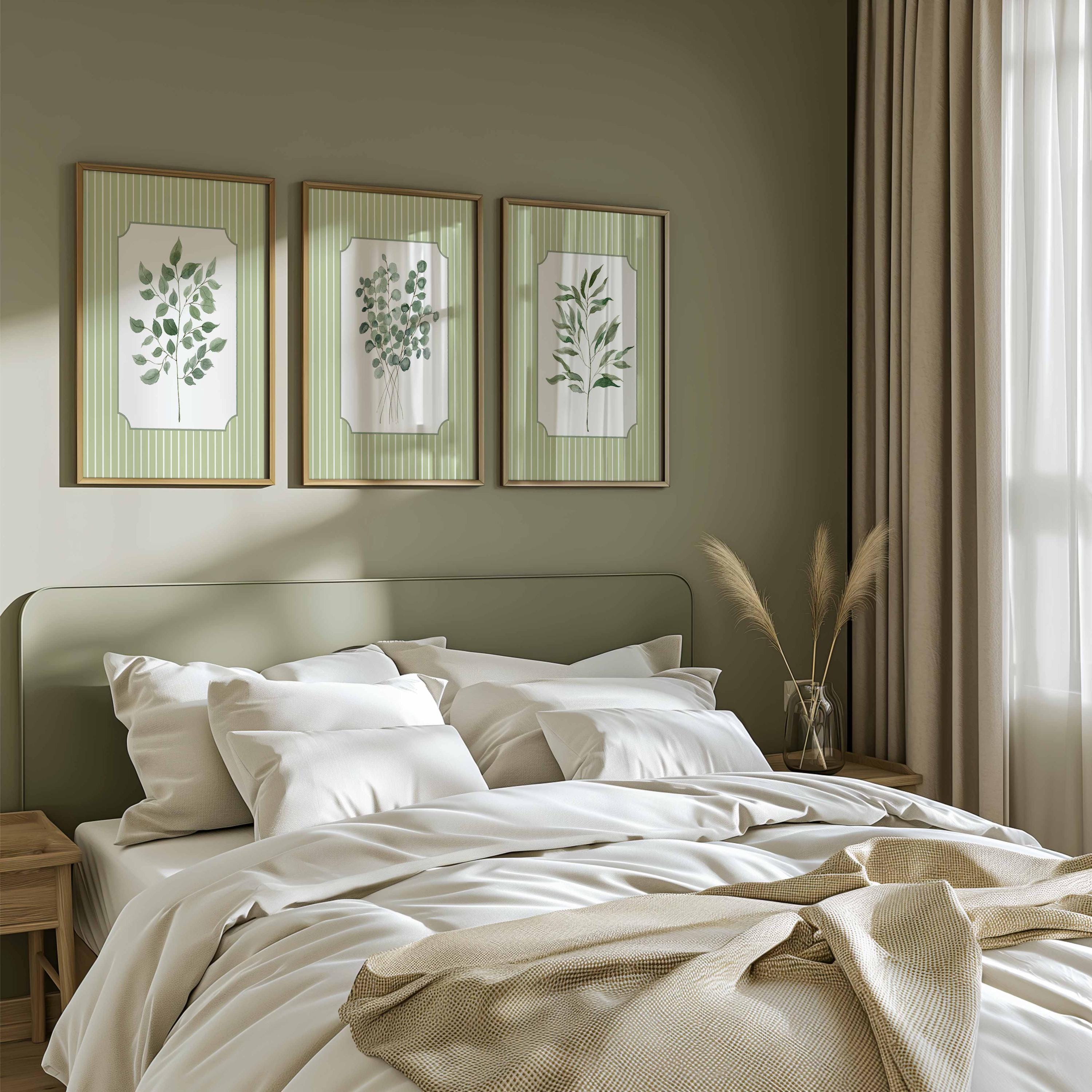 Ensemble d'affiches minimalistes à rayures sauge et motifs de feuilles, lot d'affiches botaniques à l'aquarelle, décoration murale pour console d'entrée, esthétique cottagecore pour salon Image secondaire du produit