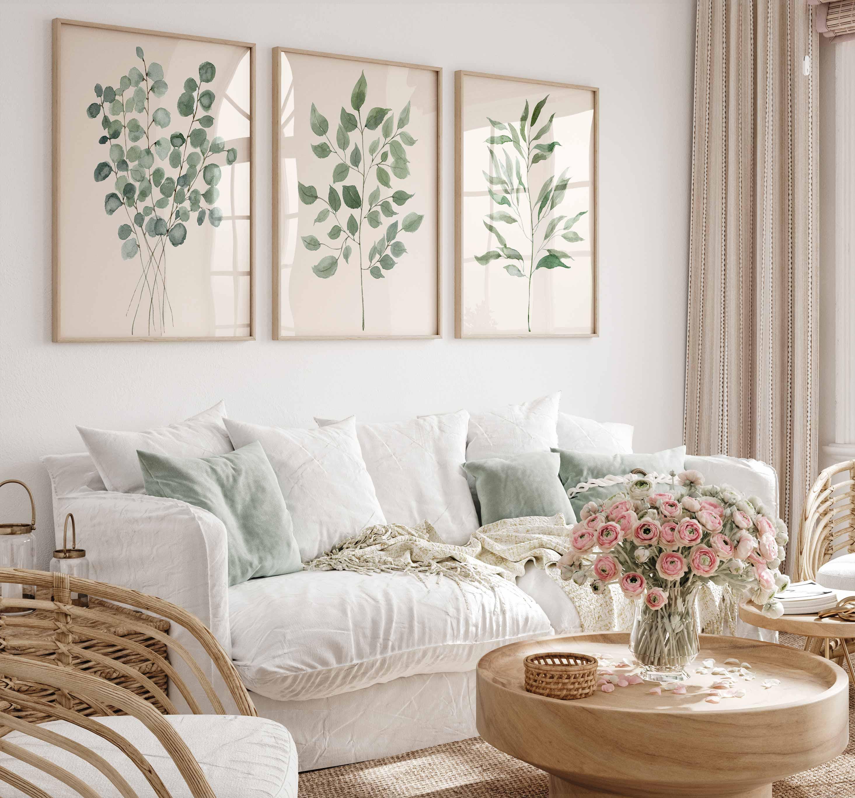 Decoración verde salvia, láminas de hojas botánicas, juego de 3 para pared de sala de estar, arte de eucalipto, decoración boho, lámina de planta minimalista, granja moderna Imagen secundaria del producto