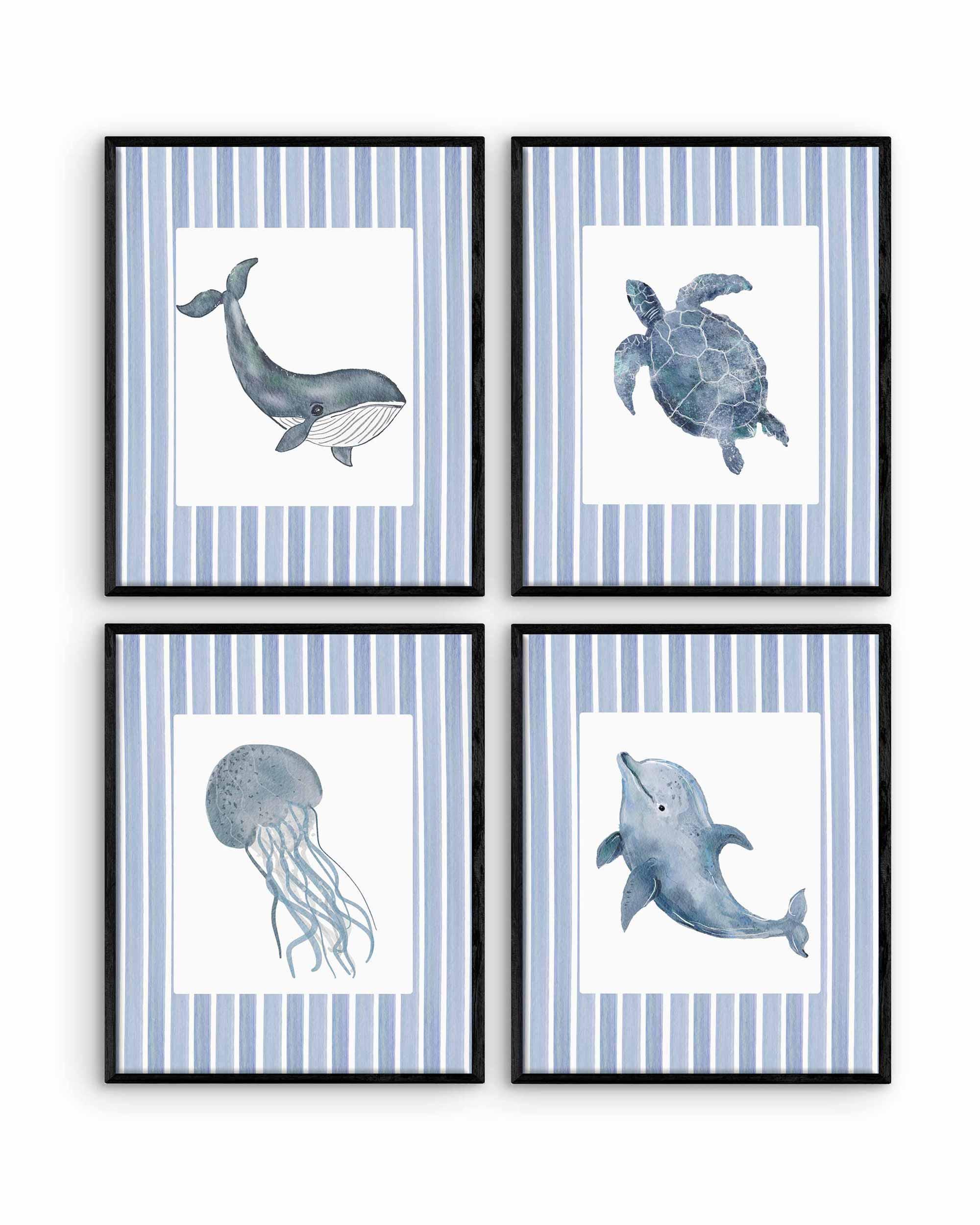 Affiches pour chambre d'enfant thème océan rayures, lot de 4 décorations murales animaux marins, poster méduse et baleine, aquarelle pour chambre de bébé garçon, décoration chambre d'enfant bleu marine Image secondaire du produit