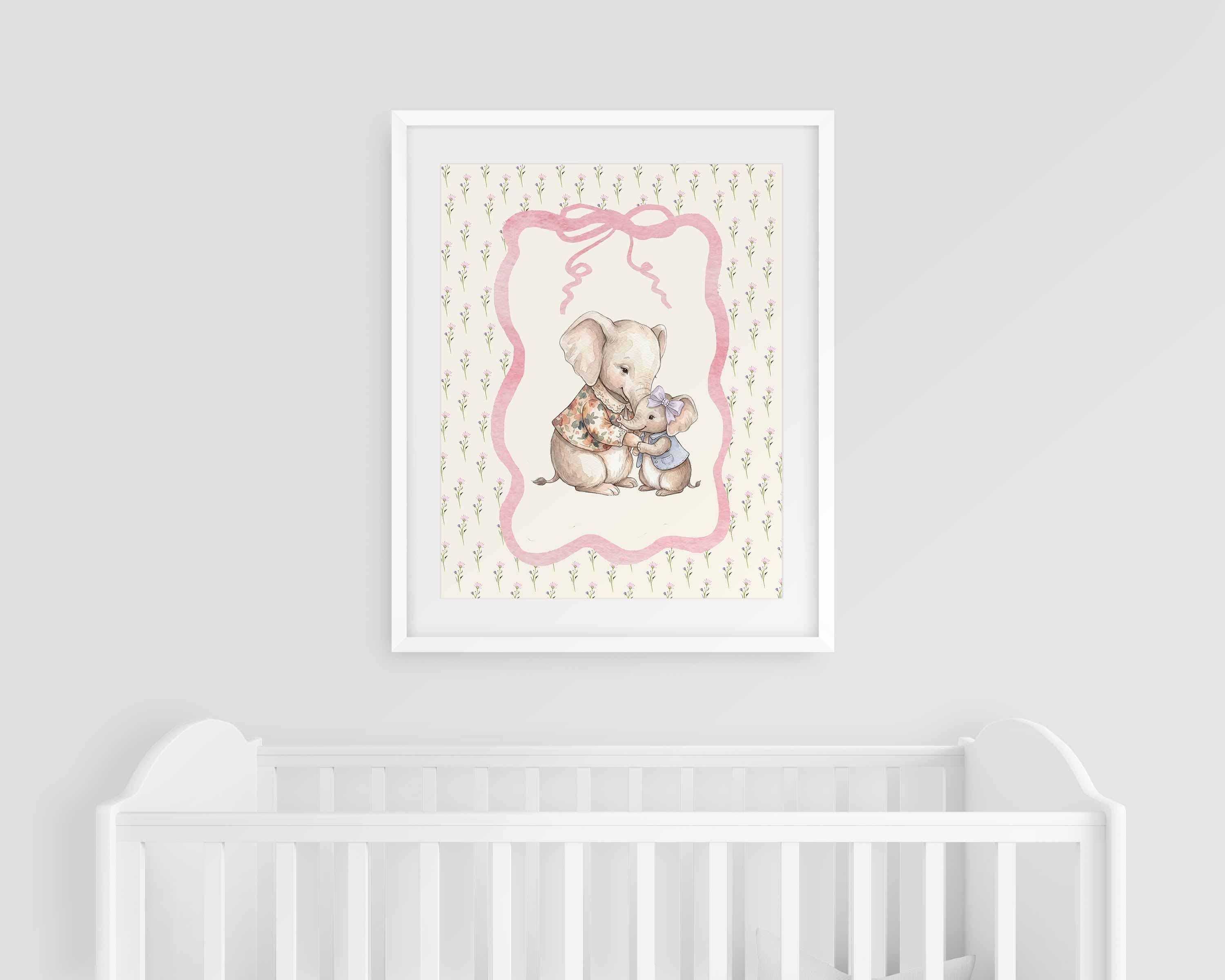 Affiche de chambre d'enfant éléphant, art mural mère et bébé éléphant, décoration vintage pour chambre d'enfant, art cottagecore pour chambre de fille, imprimable héritage Image secondaire du produit