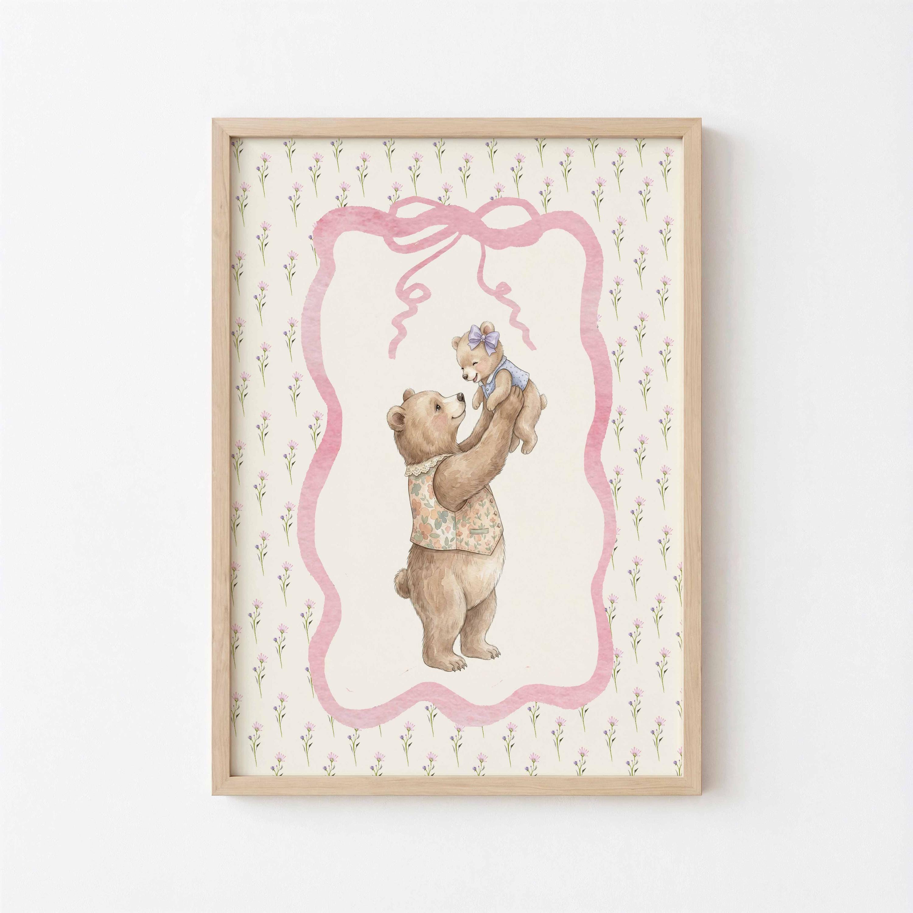 Affiche vintage pour chambre d'enfant, illustration murale maman ours et son ourson, décoration vintage pour chambre de bébé, décoration style cottagecore pour chambre de fille, illustration imprimable héritage, adorable illustration d'ours Image secondaire du produit