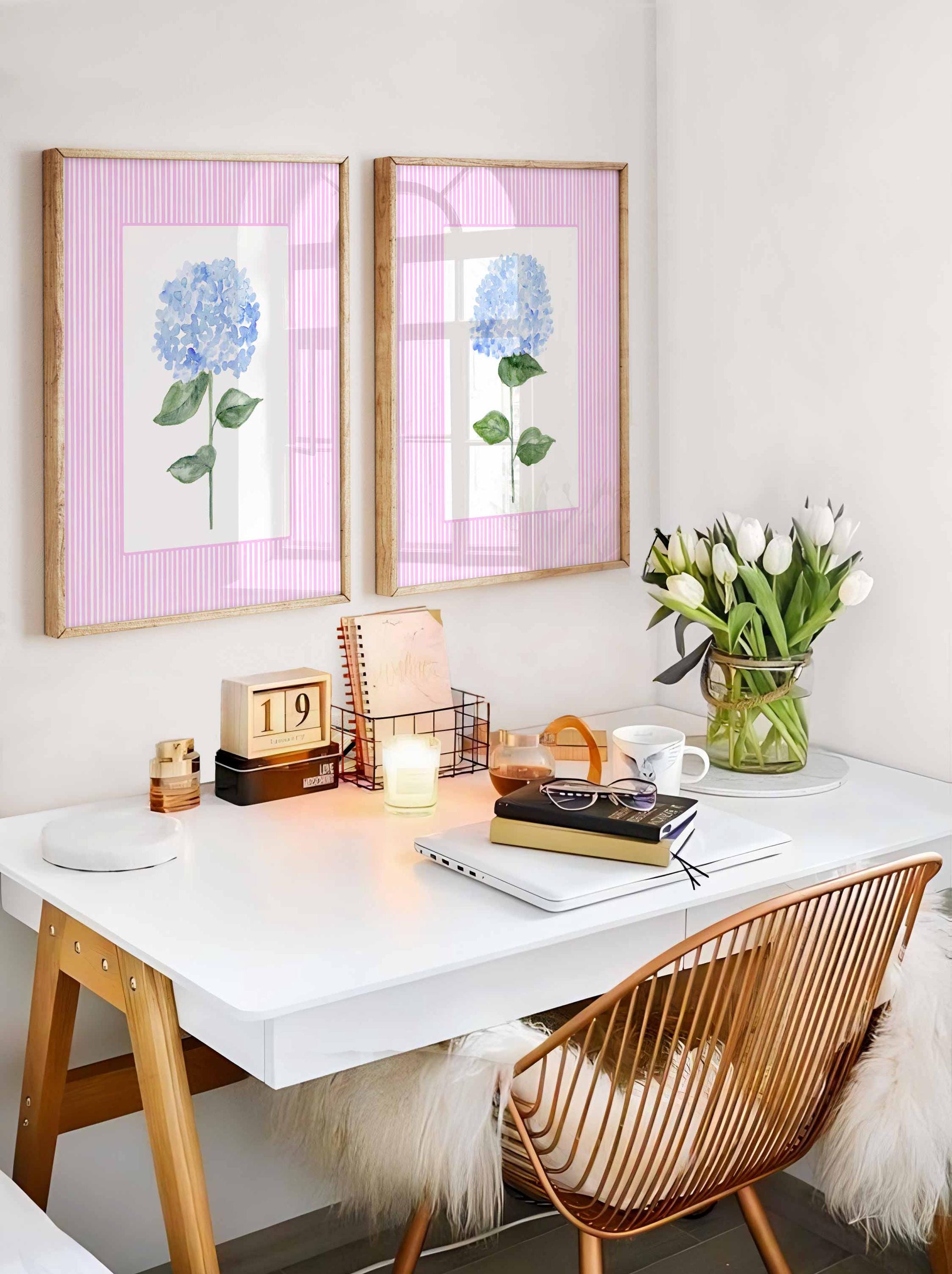 Art mural hortensias roses et bleus, lot de 2 impressions, chambre de bébé fille, décoration florale, salon, art mural pour chambre, décoration de maison de campagne pour chambre d'amis Image secondaire du produit