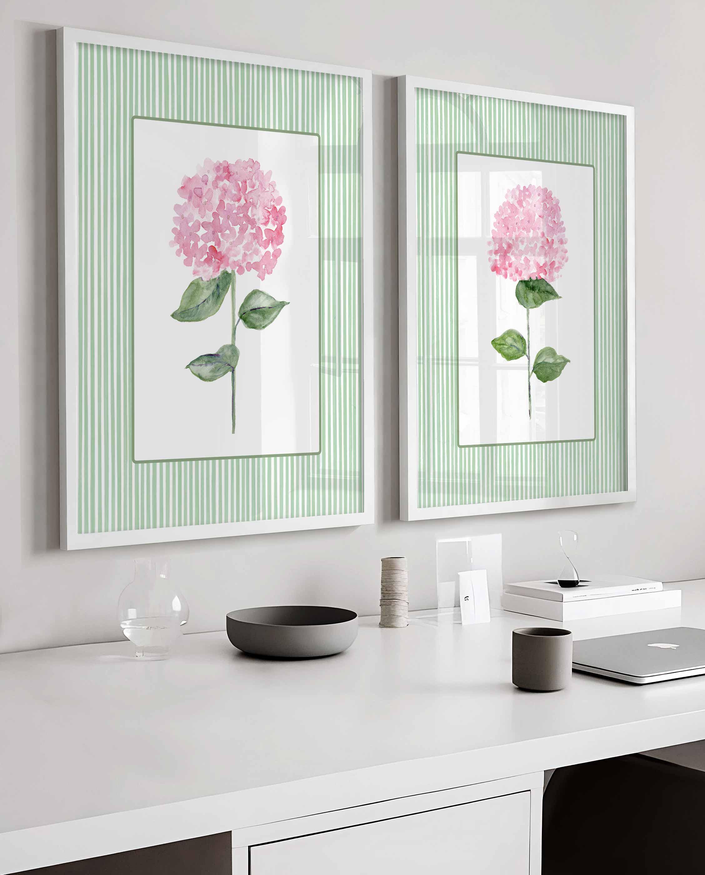 Art mural hortensias rose et vert, lot de 2 impressions, décoration murale florale, décoration de chambre de fille, peinture botanique de fleurs, rayures style grandmillennial Image secondaire du produit