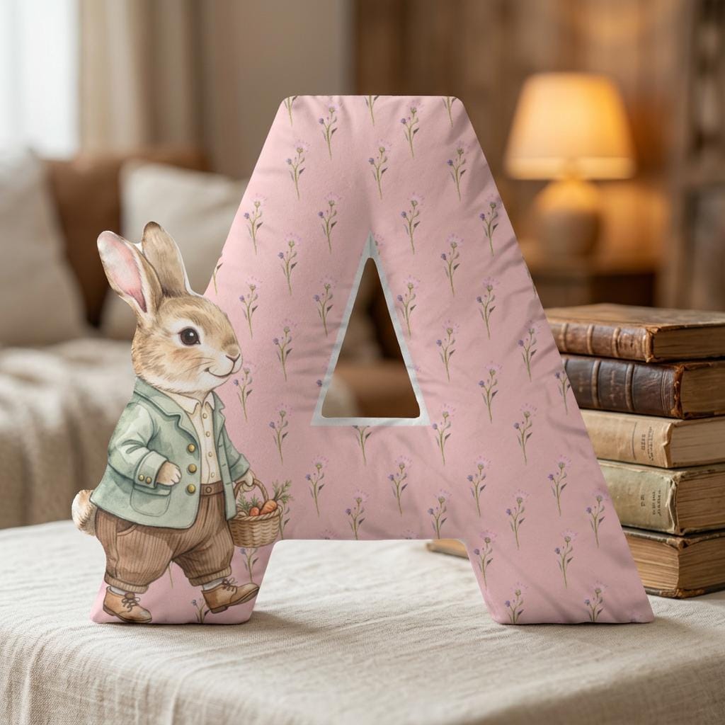 Coussin initial personnalisé, décoration de chambre de bébé fille rose, coussin lapin, décoration cottagecore pour chambre de bébé, coussin lettre, cadeau de premier anniversaire, cadeau de naissance Image secondaire du produit