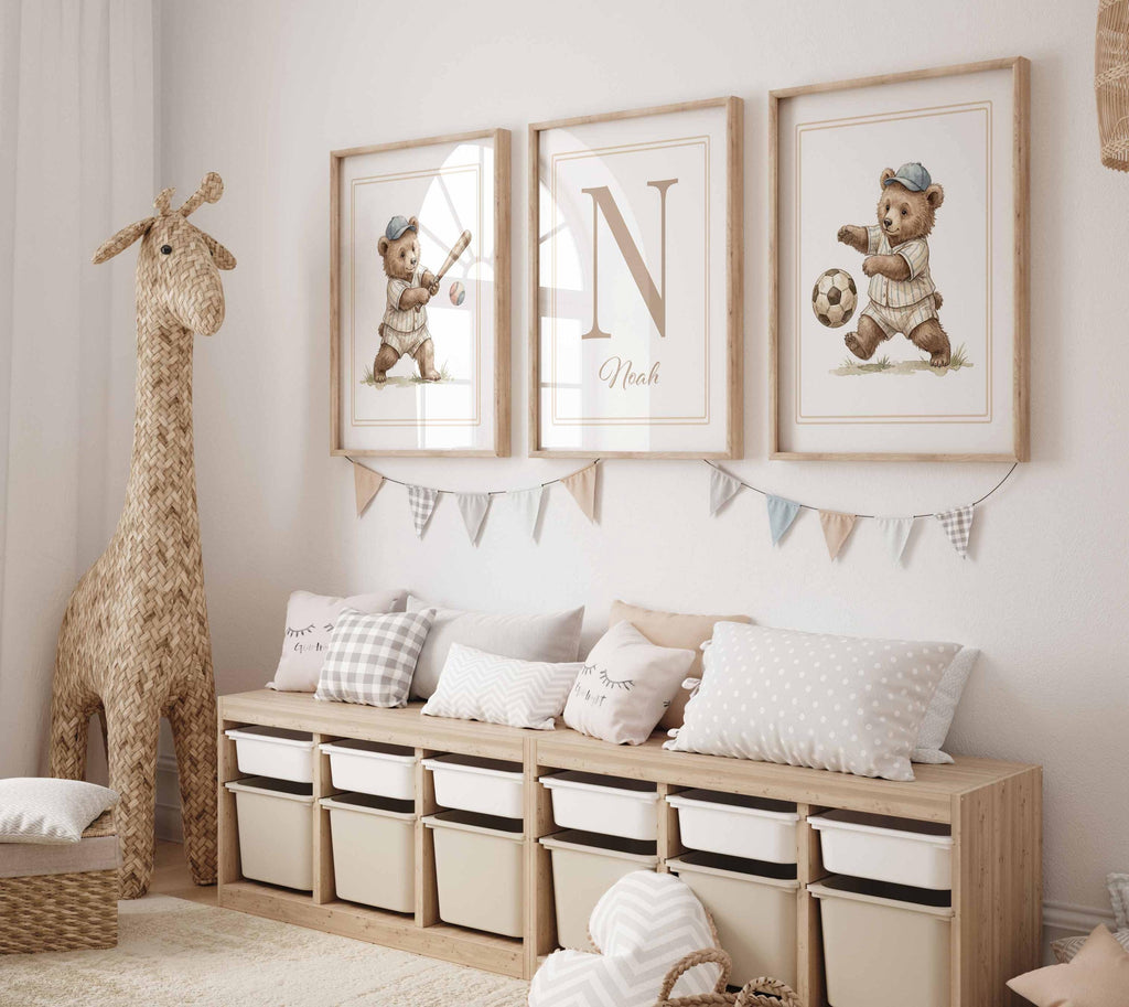 Teddy sports set with a letter N above a nursery bench