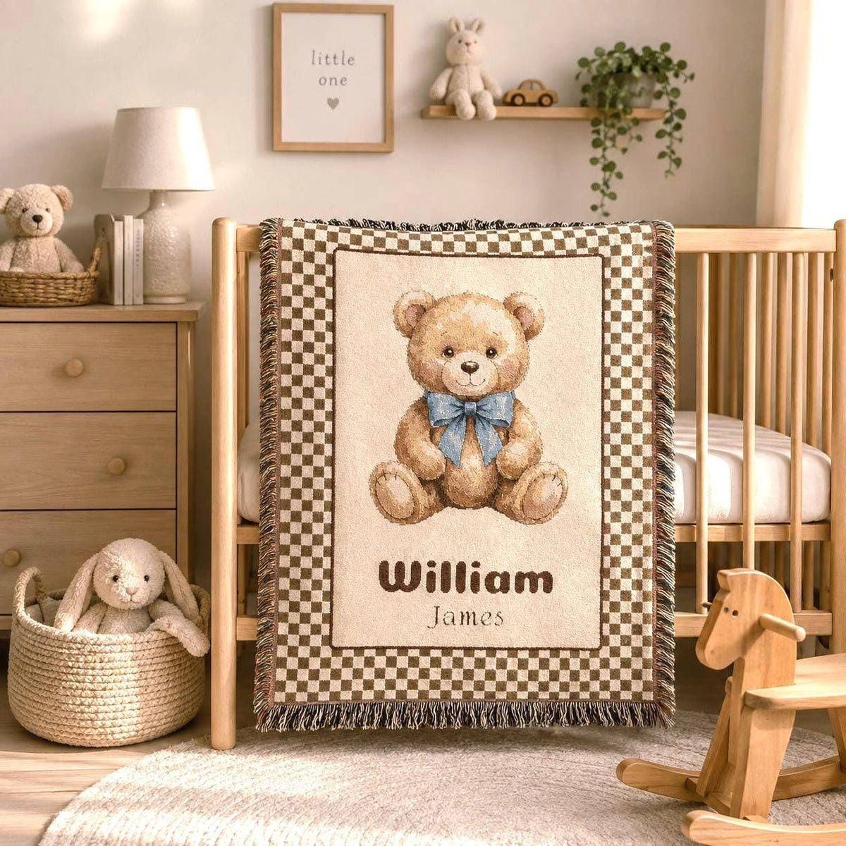 Custom Woven Teddy Bear Baby Blanket Personalized Bear Blanket Nursery Decor,  Newborn Gift, Toddler Birthday Gift, Custom Name Blanket