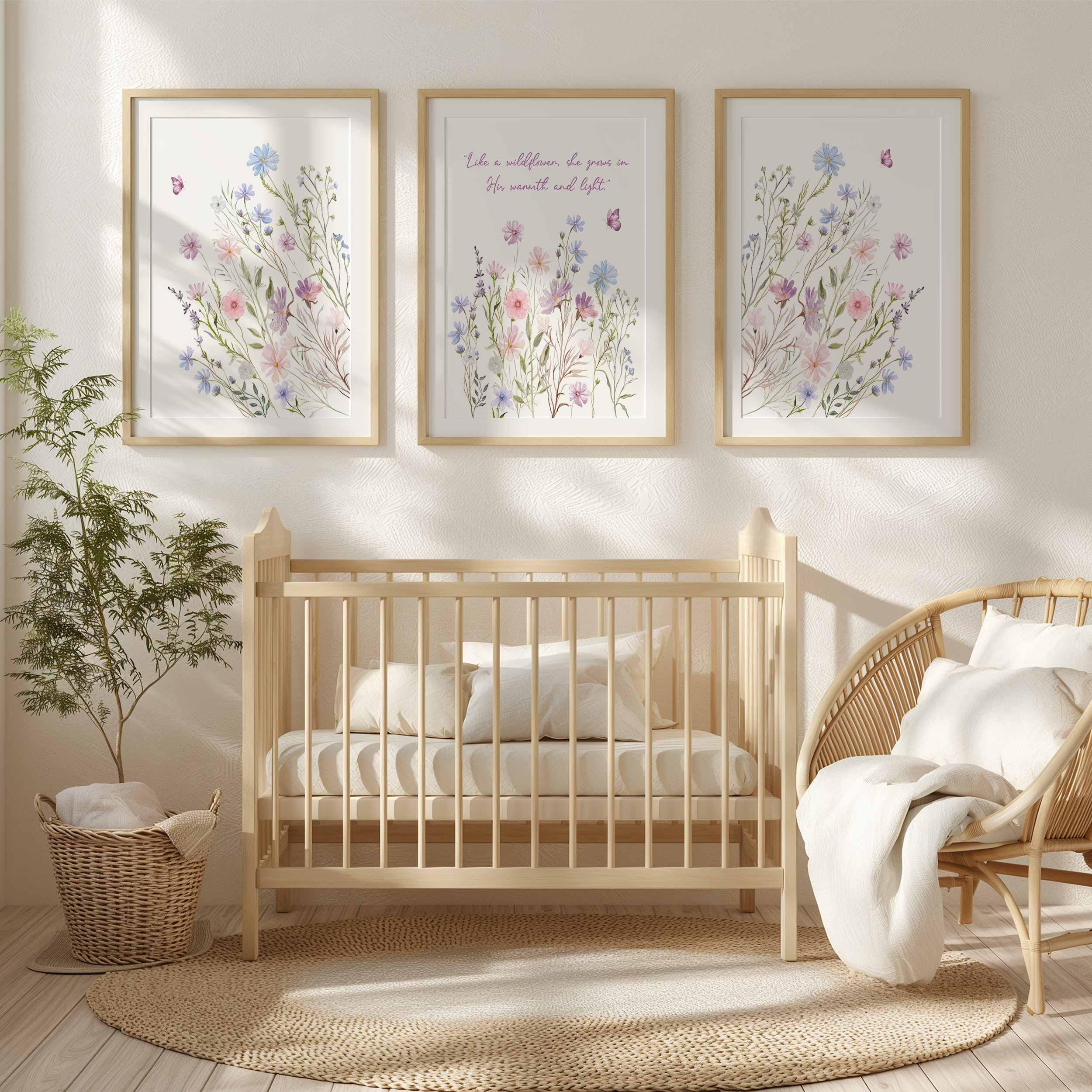 Decoración imprimible para habitación de bebé, lámina "Like a Wildflower" para niña, estampados florales en tonos pastel, frases cristianas para guardería, arte con escrituras bíblicas Imagen secundaria del producto