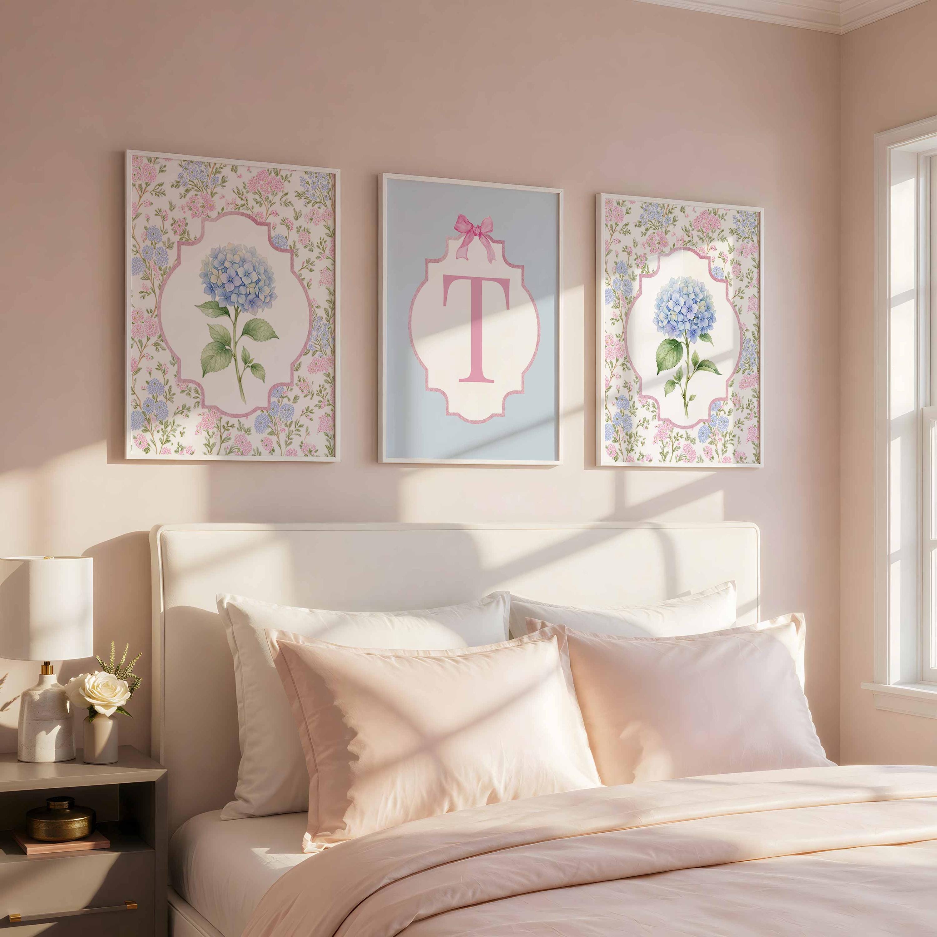 Décoration murale personnalisée pour chambre d'étudiant, impressions florales pour chambre de bébé fille, initiale de fille, ensemble d'affiches monogramme, chambre d'adolescente, affiche hortensia Image secondaire du produit