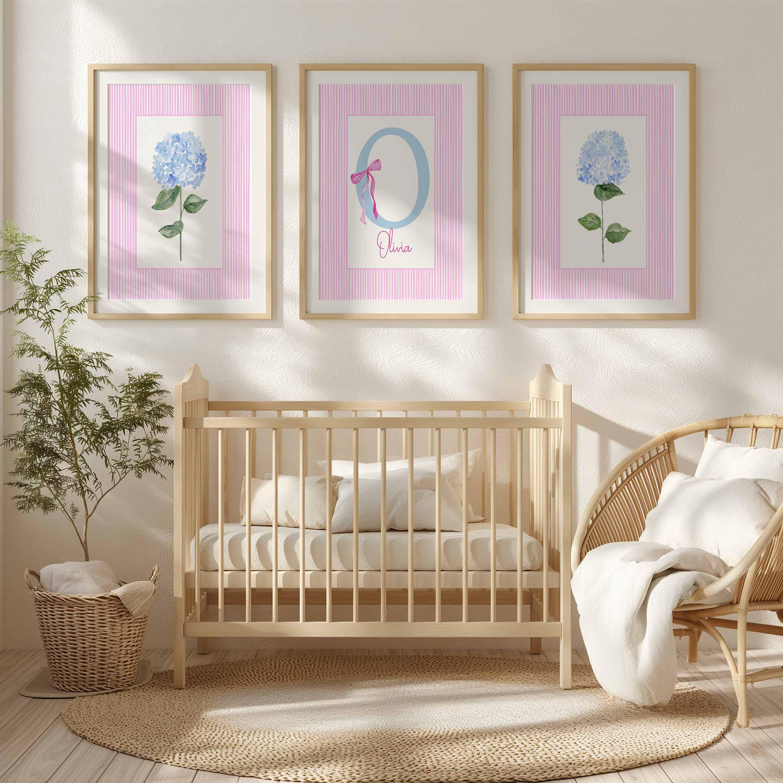 Décoration murale personnalisée pour chambre, affiches florales pour chambre de bébé rose, plaque avec prénom pour fille, ensemble d'impressions monogramme, poster d'hortensias pour chambre d'ado ou d'étudiante Image secondaire du produit