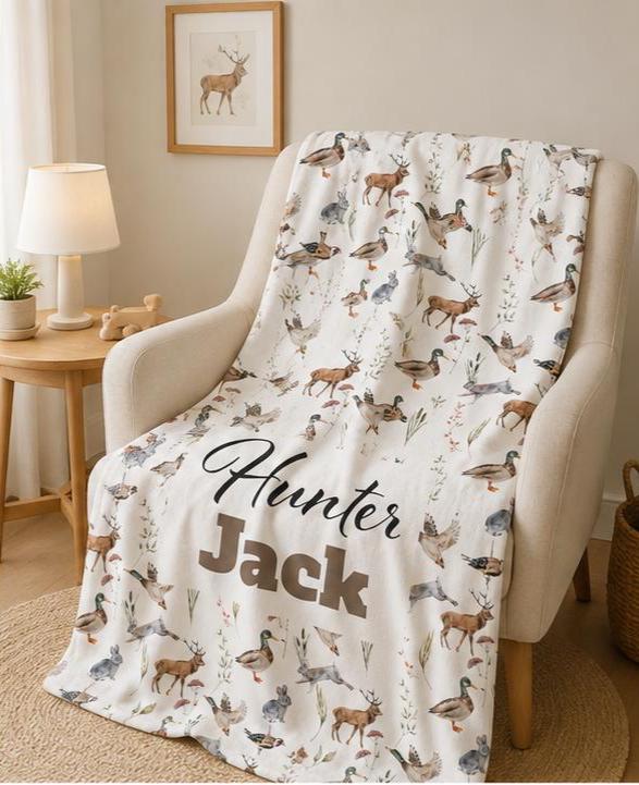 Hunting Blanket, Baby Boy Blanket, Hunter Custom Name Blanket, Hunting Theme, Toddler Boy, Woodland Animal, Personalized Rustic outdoor