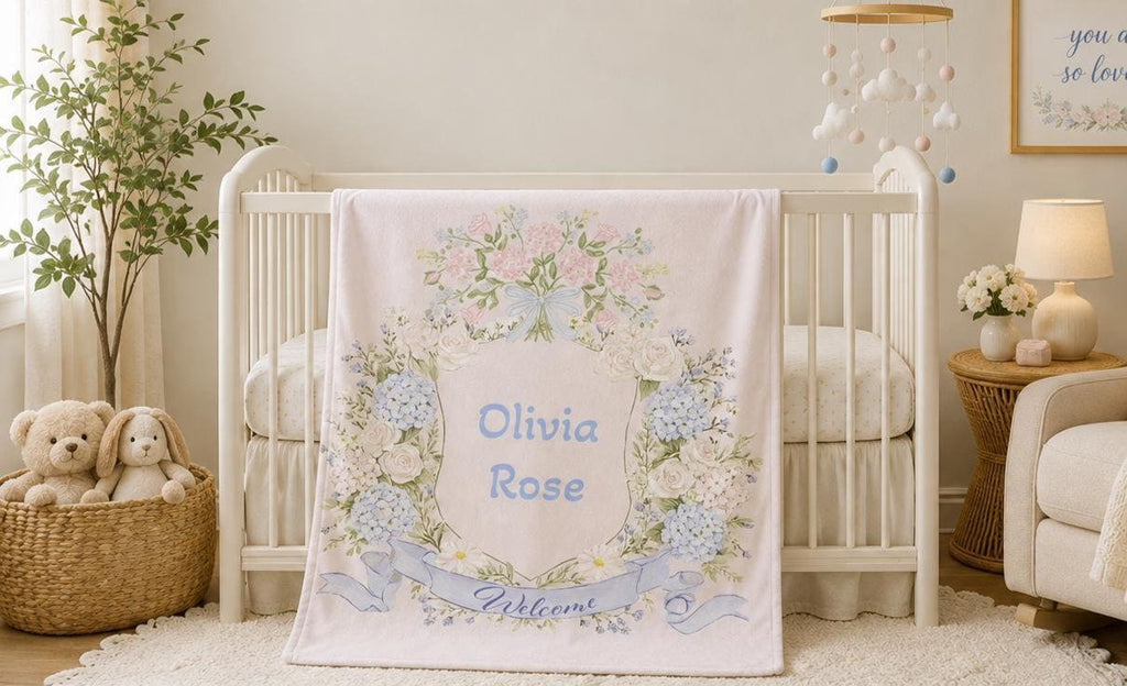 Personalized Hydrangea Floral Wreath Blanket, Baby welcome blanket, Custom Girl Gift, Keepsake blankie, Newborn Gift, Velveteen Blanket
