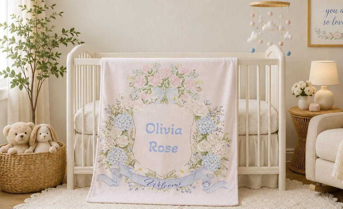 Personalized Hydrangea Floral Wreath Blanket, Baby welcome blanket, Custom Girl Gift, Keepsake blankie, Newborn Gift, Velveteen Blanket