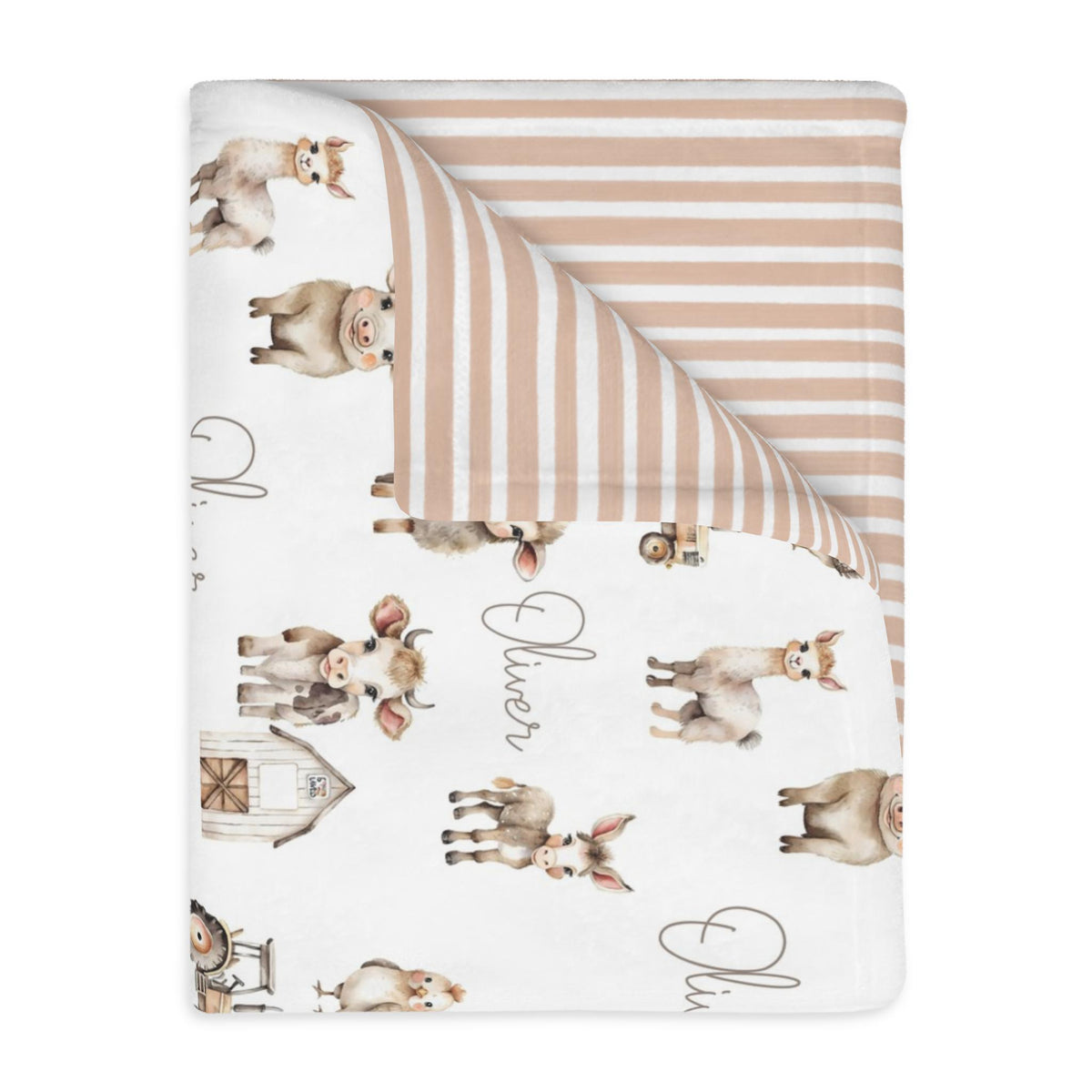 Folded farm animal blanket with a striped reverse