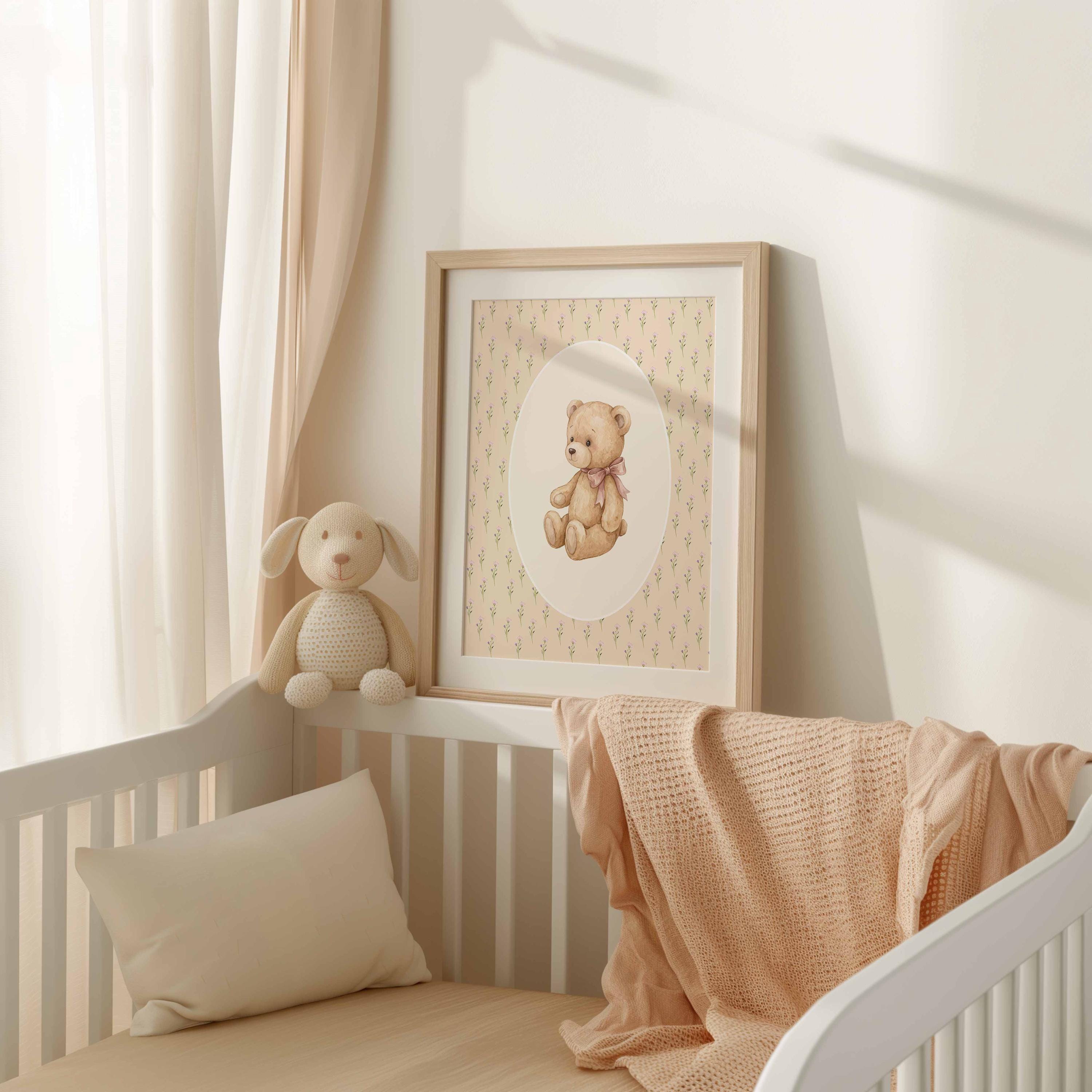 Affiche vintage d'ours en peluche pour chambre de bébé, impressions pour salle de jeux de petite fille, art décoratif cottagecore pour chambre de fille, imprimable héritage, décoration murale ours mignon Image secondaire du produit