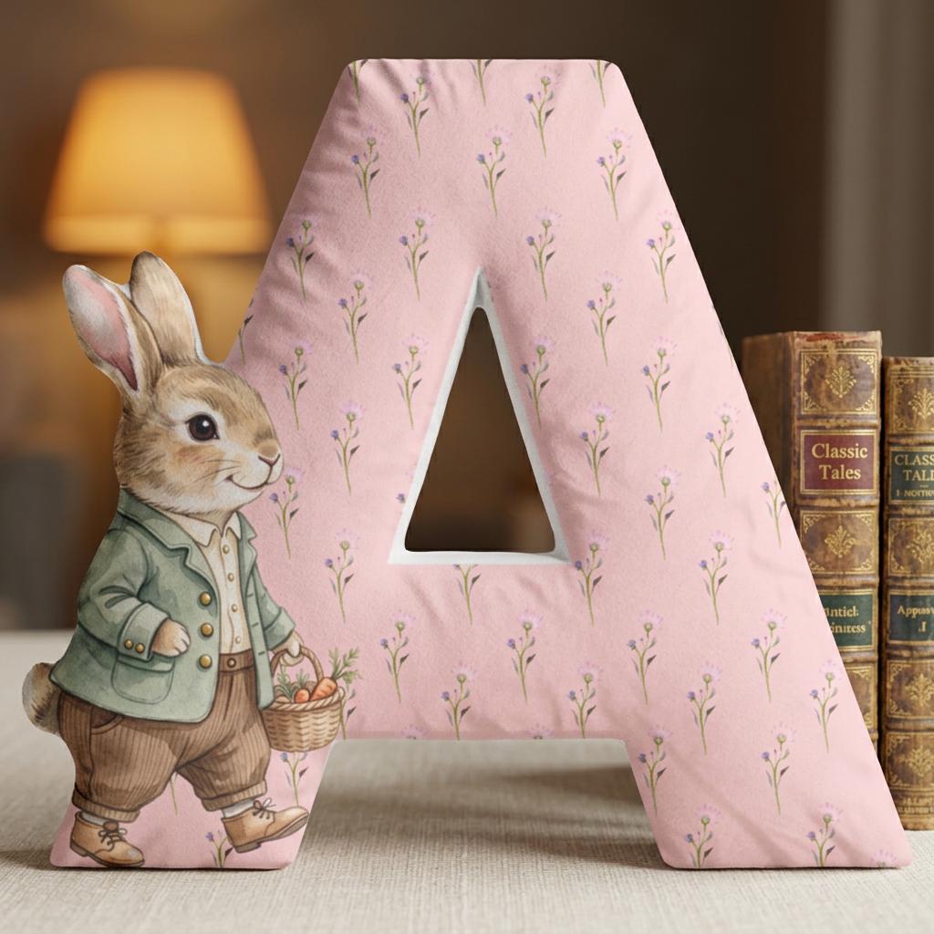 Pink letter A pillow with a painted rabbit in a green jacket Image principale du produit