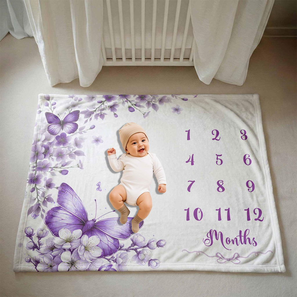 Purple Floral baby Milestone blanket, Personalized Name Butterfly  Flowers Girl Blanket, First Year Photo Prop, Monthly Milestone, Nursery