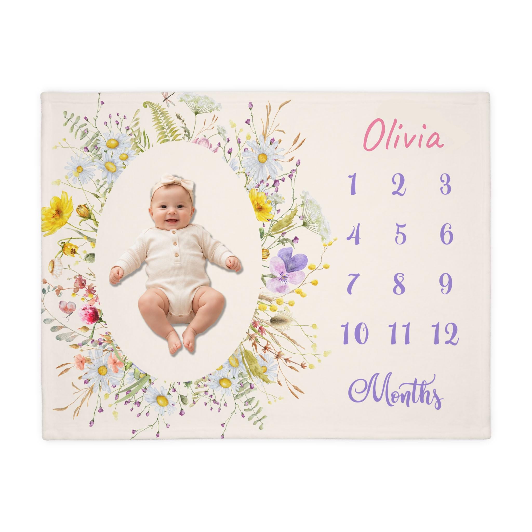 Couverture à étapes pour bébé Fleurs sauvages, couverture mensuelle personnalisée au prénom, couverture mensuelle pour bébé fille, cadeau de naissance personnalisé, velours minky Image secondaire du produit