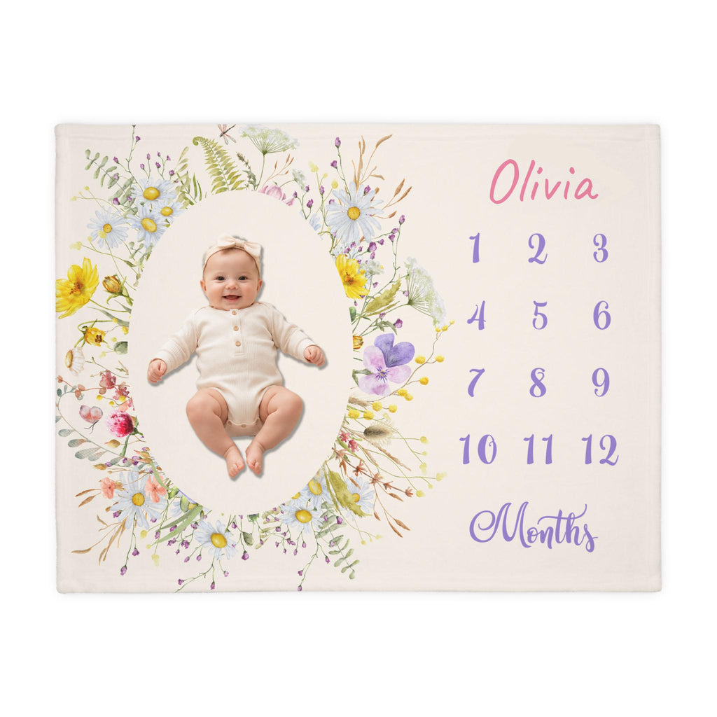 Wildflower monthly blanket with Olivia and month numbers 1 to 12