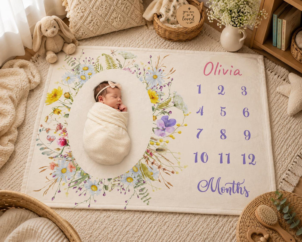 Wildflower milestone blanket with a newborn photographed in the centre oval