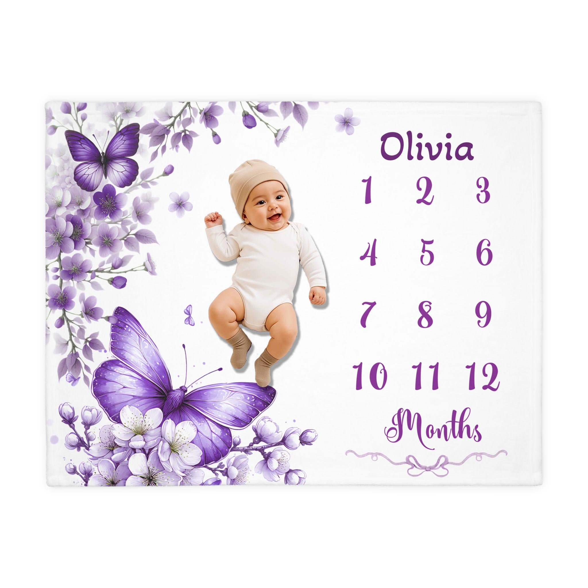 Couverture étapes bébé à fleurs violettes, couverture personnalisée au prénom avec papillons et fleurs pour fille, accessoire photo première année, suivi mensuel, chambre de bébé Image secondaire du produit