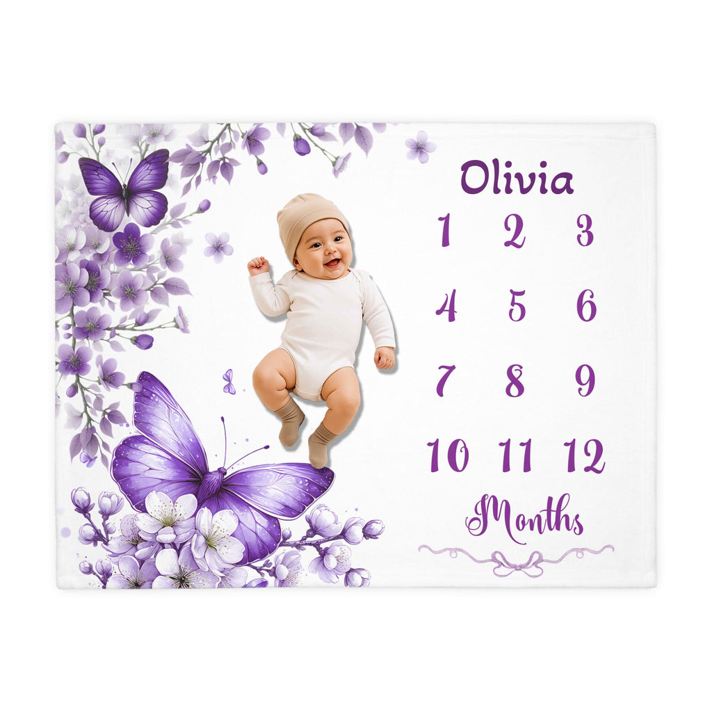 Purple Floral baby Milestone blanket, Personalized Name Butterfly  Flowers Girl Blanket, First Year Photo Prop, Monthly Milestone, Nursery