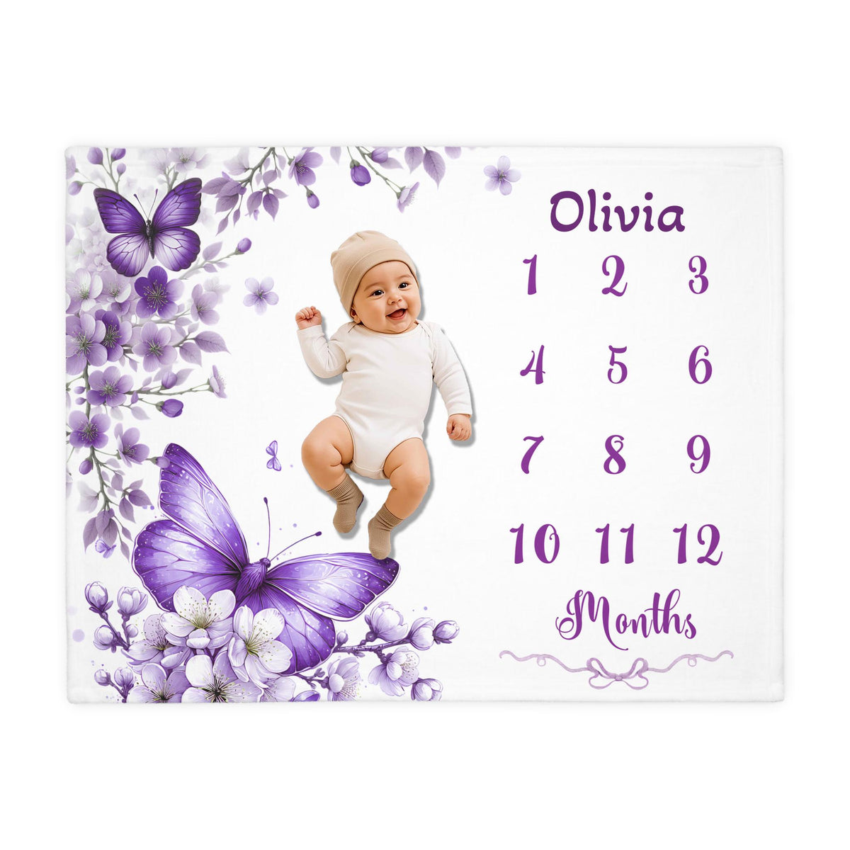 Purple Floral baby Milestone blanket, Personalized Name Butterfly  Flowers Girl Blanket, First Year Photo Prop, Monthly Milestone, Nursery