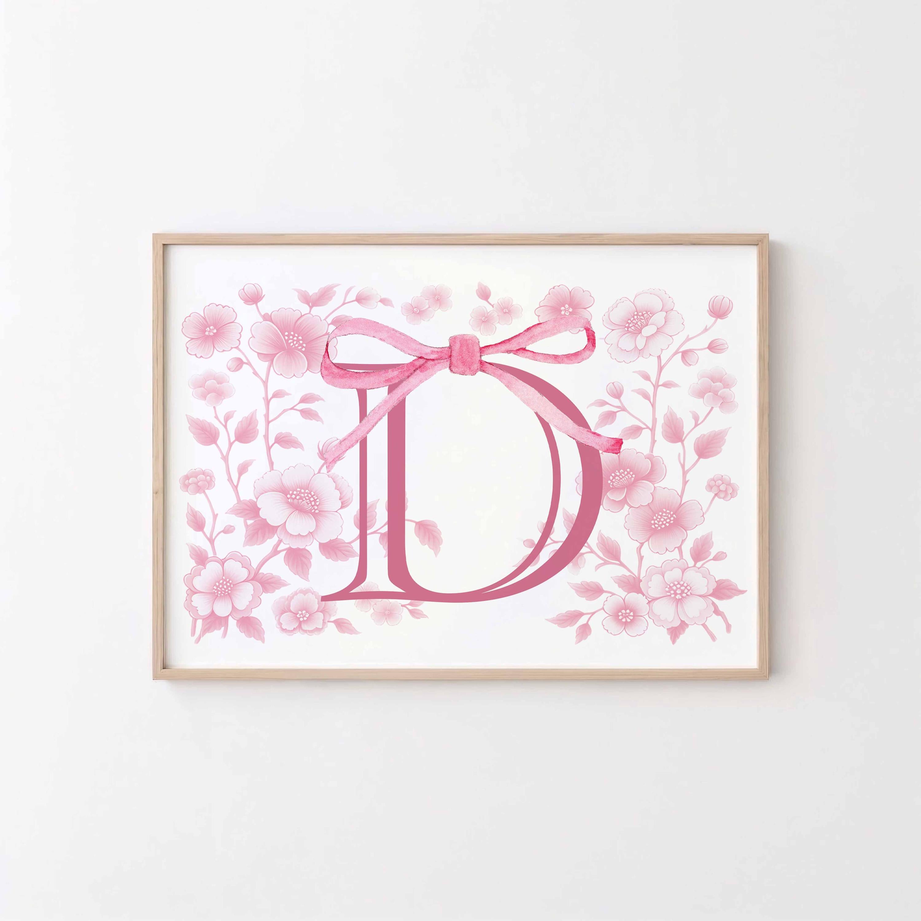 Affiche personnalisée avec prénom, monogramme et nœud pour chambre de bébé, décoration murale lettre initiale, décoration de chambre de fille, impression au-dessus du berceau, art mural personnalisé style chinoiserie rose Image secondaire du produit