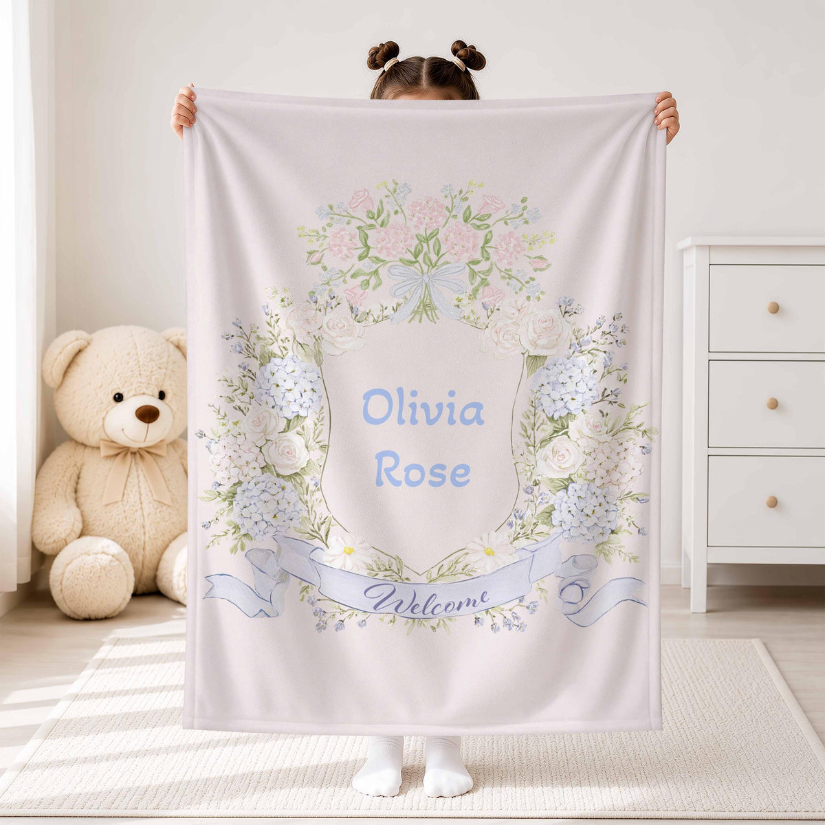 Personalized Hydrangea Floral Wreath Blanket, Baby welcome blanket, Custom Girl Gift, Keepsake blankie, Newborn Gift, Velveteen Blanket