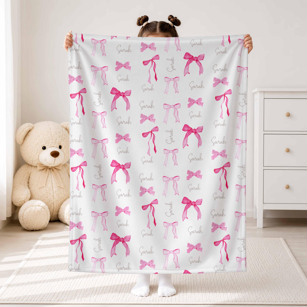 Custom Name Blanket, Personalized Pink Bow Blanket, Girls Nursery Blanket, Coquette Baby Gift, Baby Shower Gift, Toddler Bedroom Decor