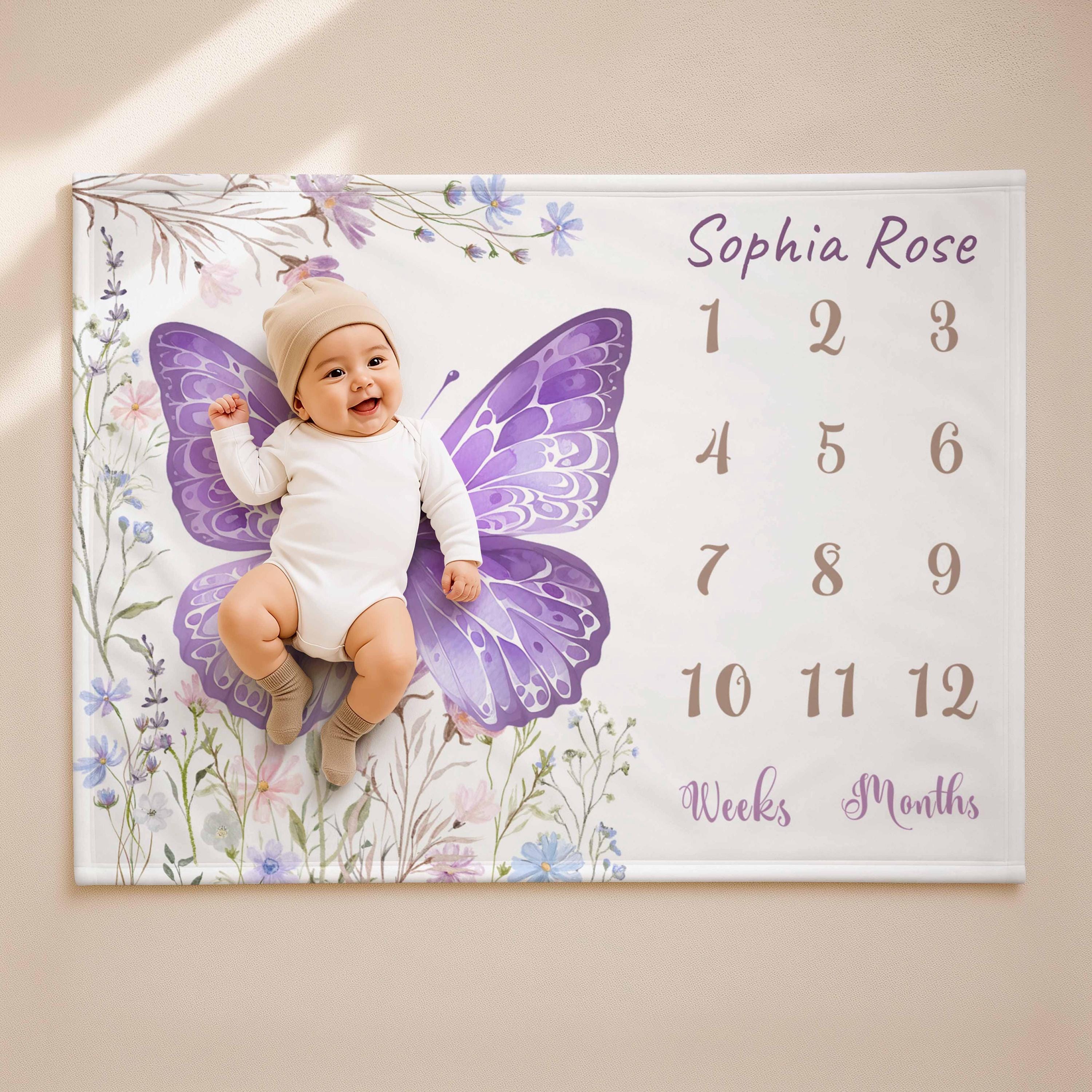 Couverture étape papillon, couverture personnalisée au prénom, accessoire photo mensuel pour bébé, décoration de chambre violette, cadeau de couverture pour nouveau-né, couverture de retour à la maison Image secondaire du produit