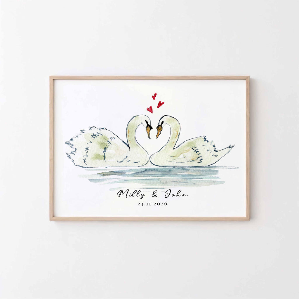Swan couple print: two watercolour swans forming a heart, with names Milly and John and wedding date
