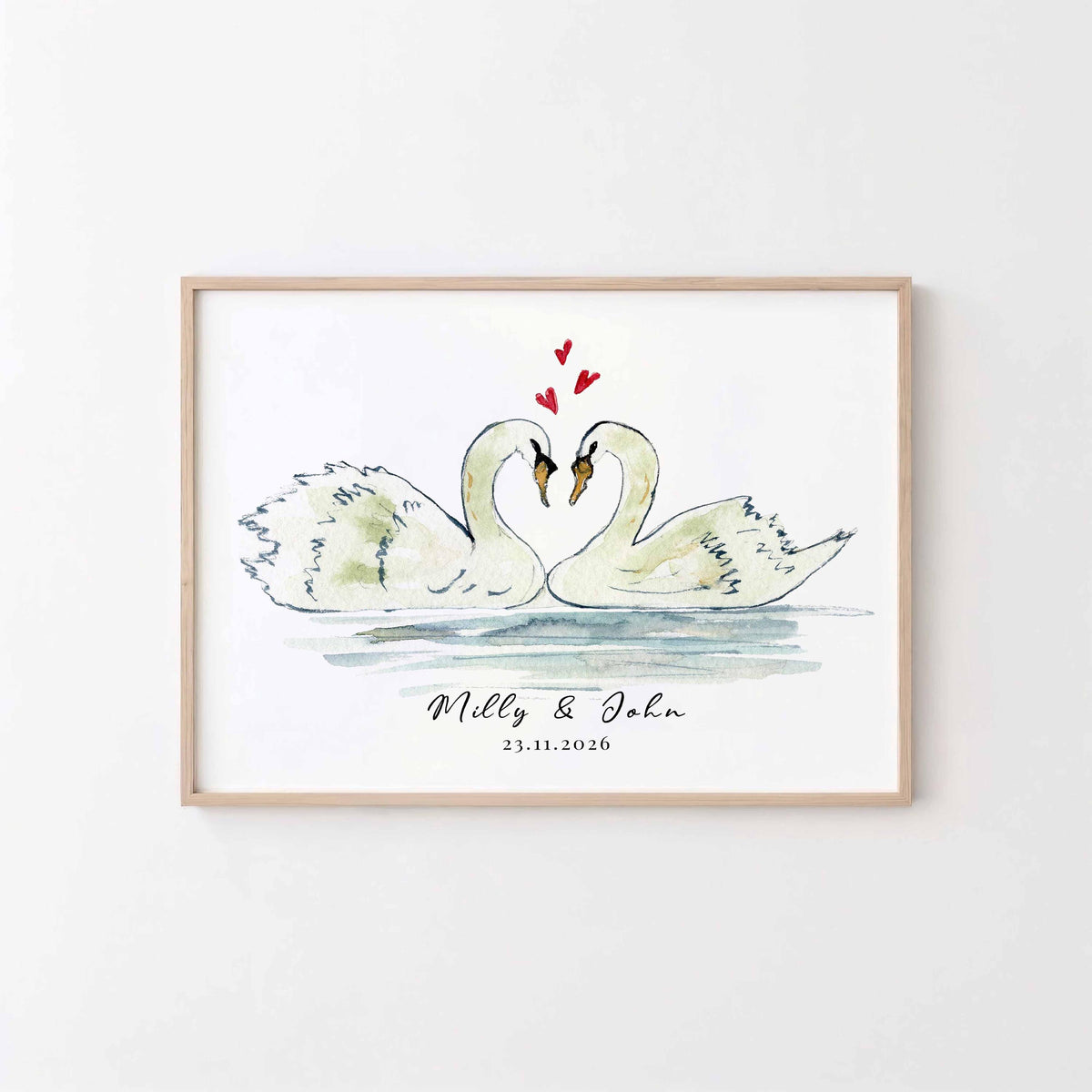 Swan couple print: two watercolour swans forming a heart, with names Milly and John and wedding date
