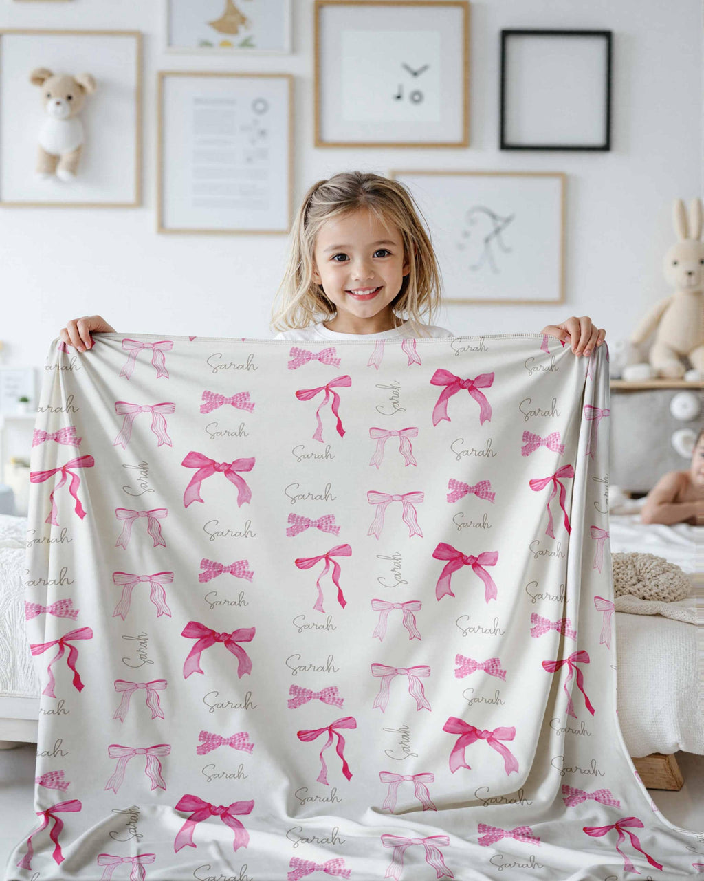 Custom Name Blanket, Personalized Pink Bow Blanket, Girls Nursery Blanket, Coquette Baby Gift, Baby Shower Gift, Toddler Bedroom Decor