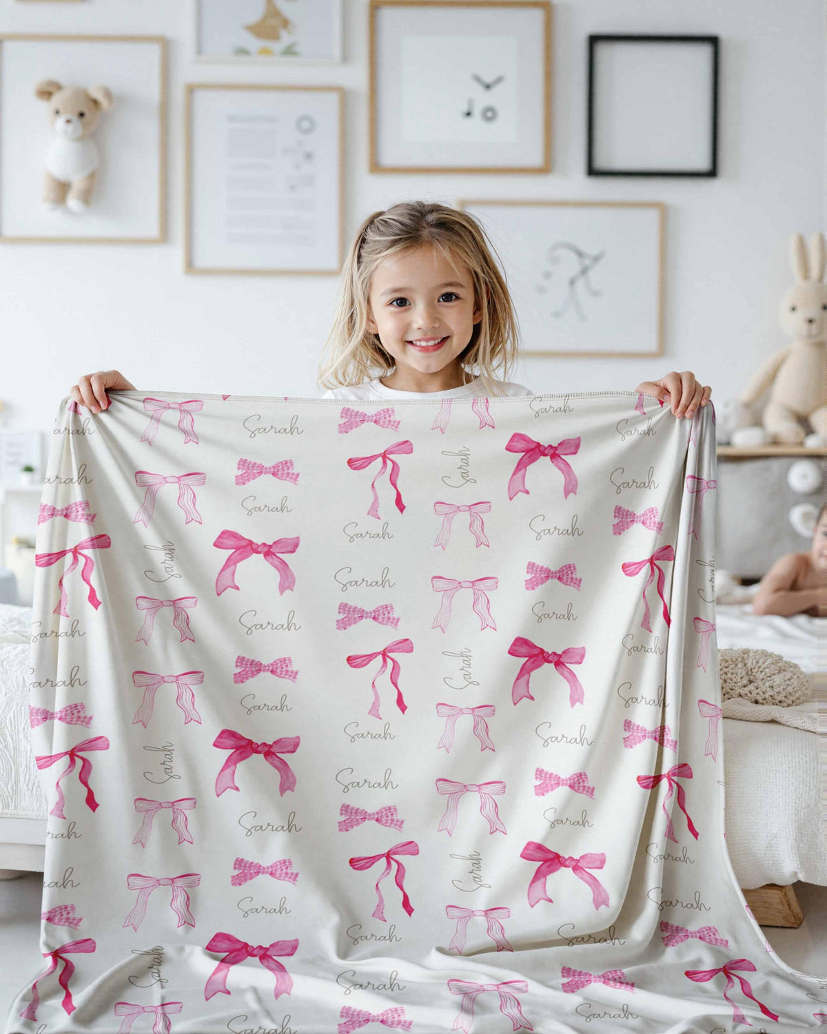 Custom Name Blanket, Personalized Pink Bow Blanket, Girls Nursery Blanket, Coquette Baby Gift, Baby Shower Gift, Toddler Bedroom Decor