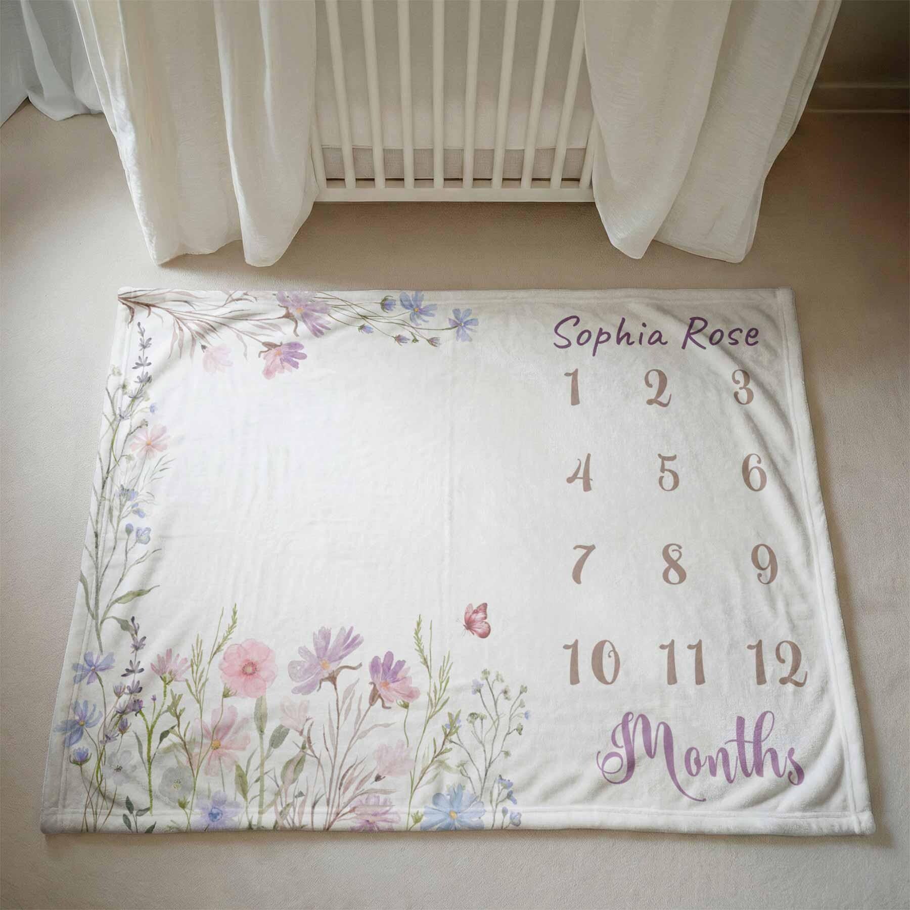 Couverture étapes de bébé Fleurs sauvages, couverture personnalisée au prénom, couverture de naissance, souvenir mensuel pour bébé fille, décoration de chambre florale Image secondaire du produit