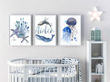 Set of 3 Baby Name for Nursery Art Prints,  Baby Boy Nursery Nautical