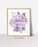Purple Nursery Decor, Girl Nursery Floral Name Print