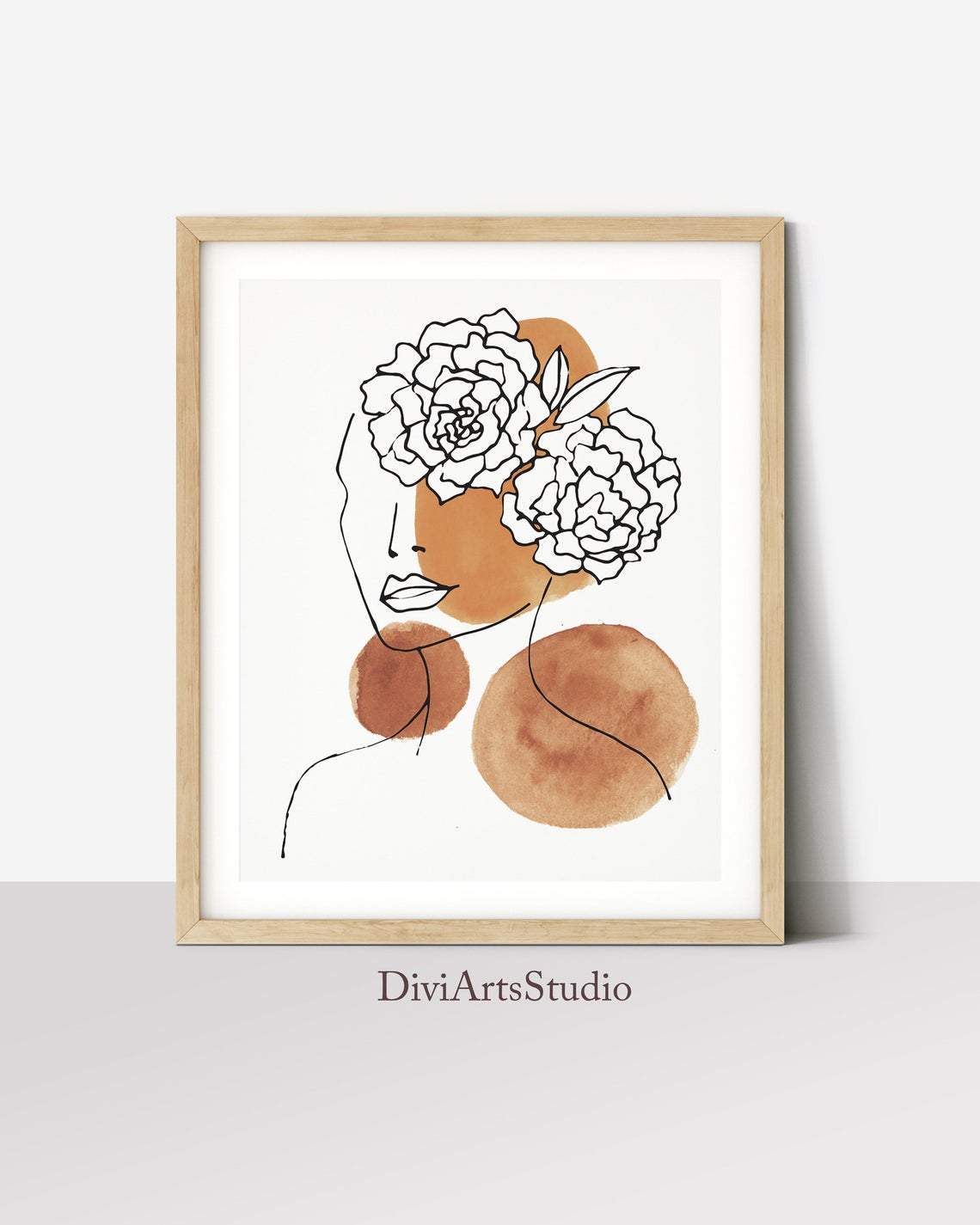 Dessin au trait, femme avec fleur, décoration murale Image secondaire du produit
