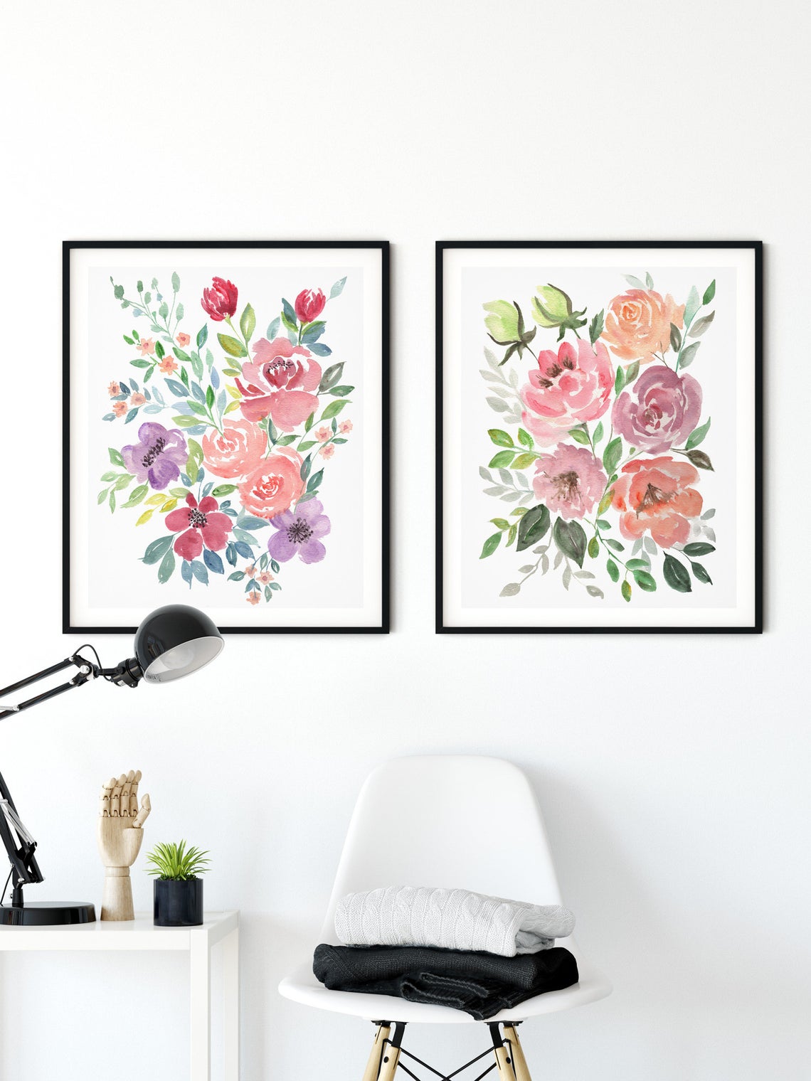 Arte Floral Acuarela con Rosas, Arte Mural Floral, Set de 2 Láminas Imagen secundaria del producto