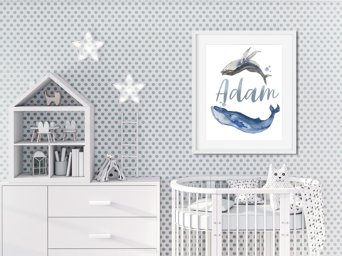 Impression de prénom de bébé pour chambre de garçon, Art mural nautique pour chambre de bébé garçon bleu Image secondaire du produit